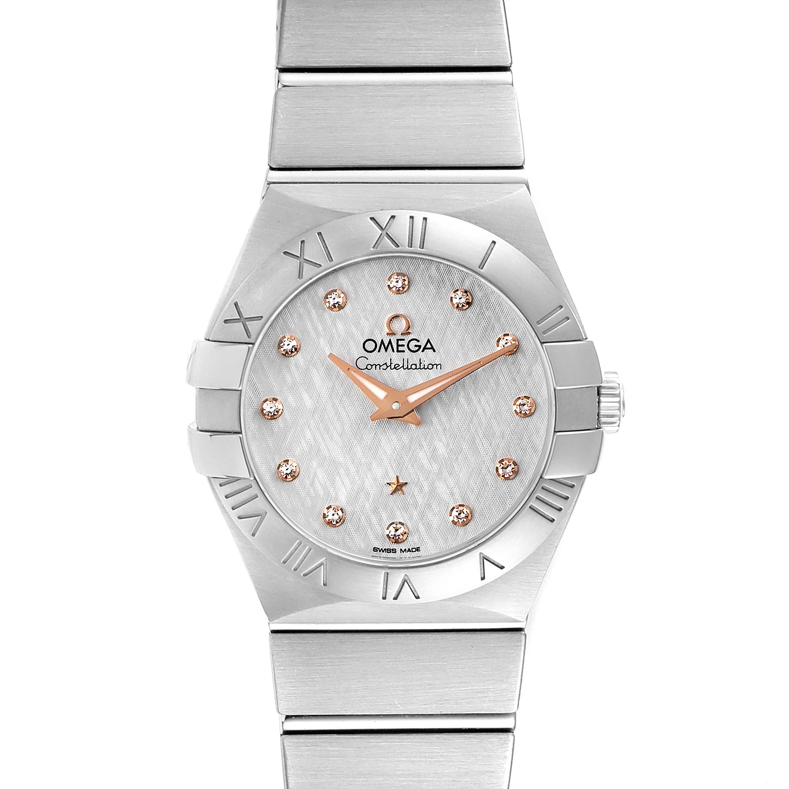 The Omega 123.10.27.60.52.001 Women
s Stainless Steel Silver Dial 123.10.27.60.52.001 Women
s Stainless Steel Silver Dial Constellation 27mm Diamond Steel Ladies Watch (model 123.10.27.60.52.001) is shown from a front angle, displaying the dial, bezel, and bracelet.