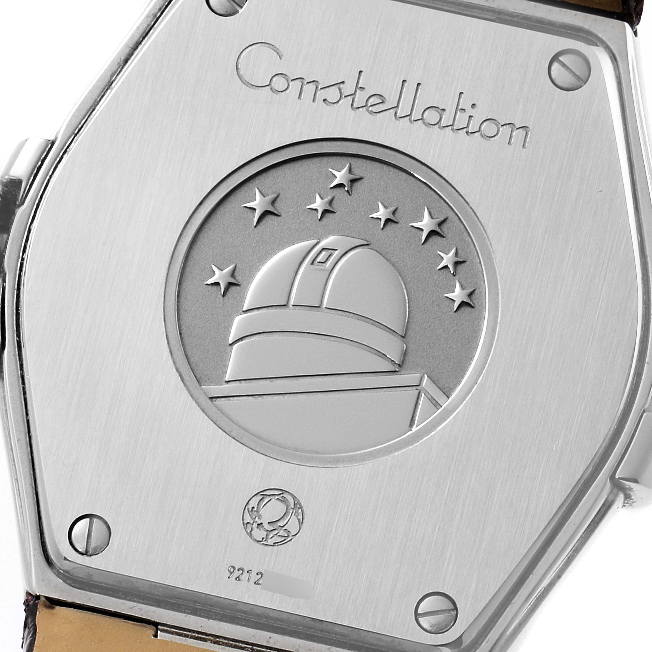 This image shows the back case of an Omega 123.18.35.60.60.001 Women's Stainless Steel Purple Dial 123.18.35.60.60.001 Women's Stainless Steel Purple Dial Constellation 35mm Diamond Steel Ladies Watch model 123.18.35.60.60.001.