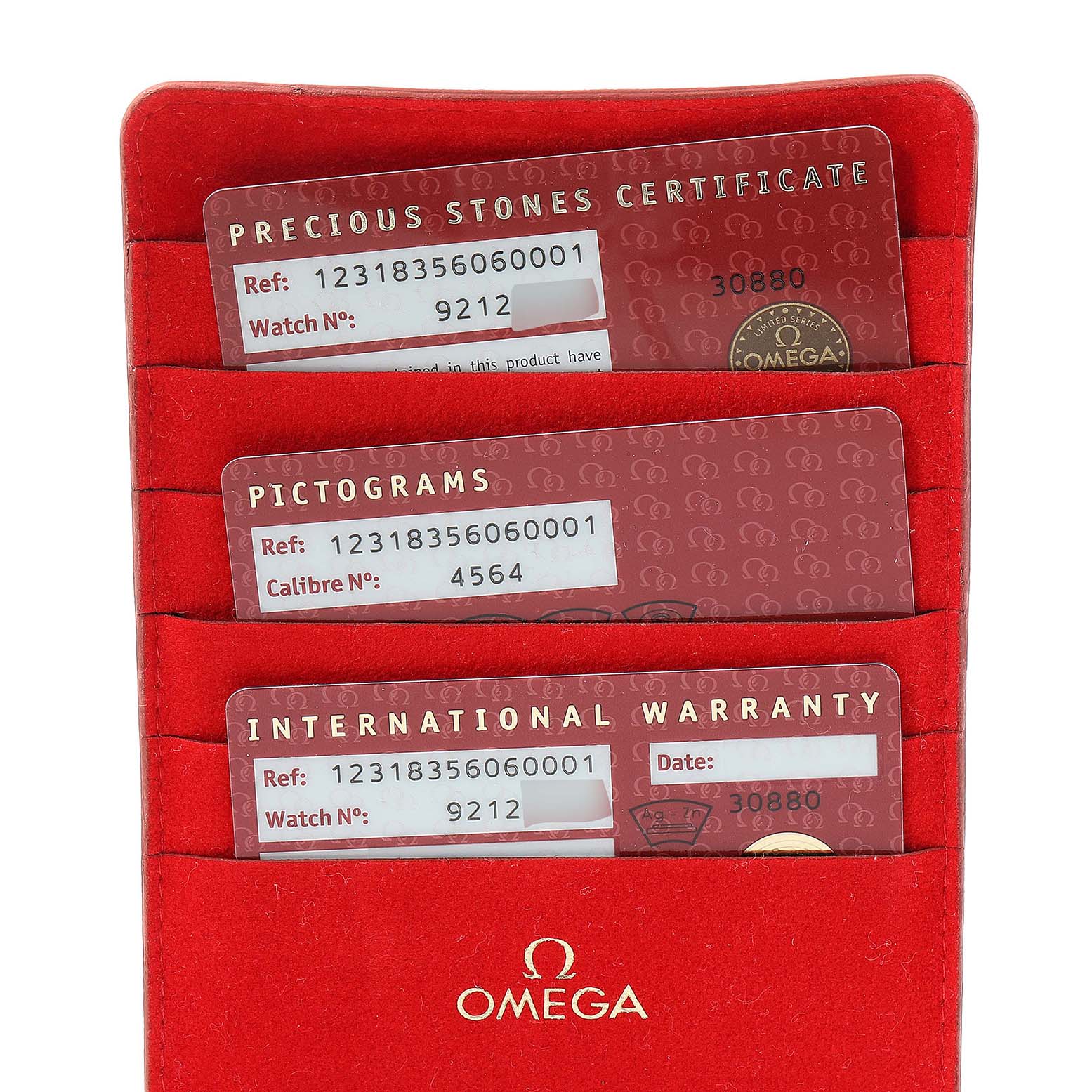 The image shows the warranty cards for the Omega 123.18.35.60.60.001 Women's Stainless Steel Purple Dial 123.18.35.60.60.001 Women's Stainless Steel Purple Dial Constellation 35mm Diamond Steel Ladies Watch 123.18.35.60.60.001 in a red case.