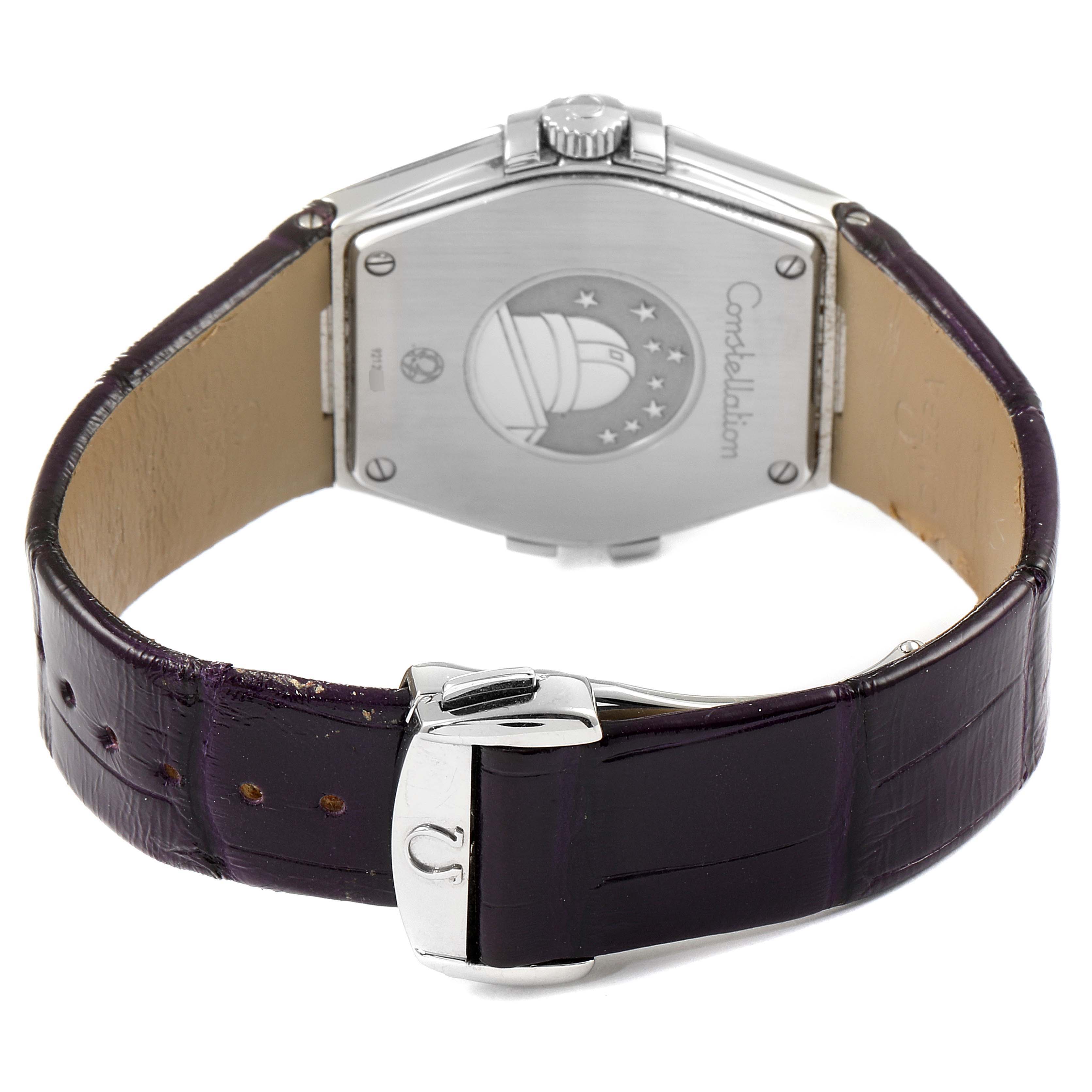 The image shows the back case and strap of the Omega 123.18.35.60.60.001 Women's Stainless Steel Purple Dial 123.18.35.60.60.001 Women's Stainless Steel Purple Dial Constellation 35mm Diamond Steel Ladies Watch 123.18.35.60.60.001.