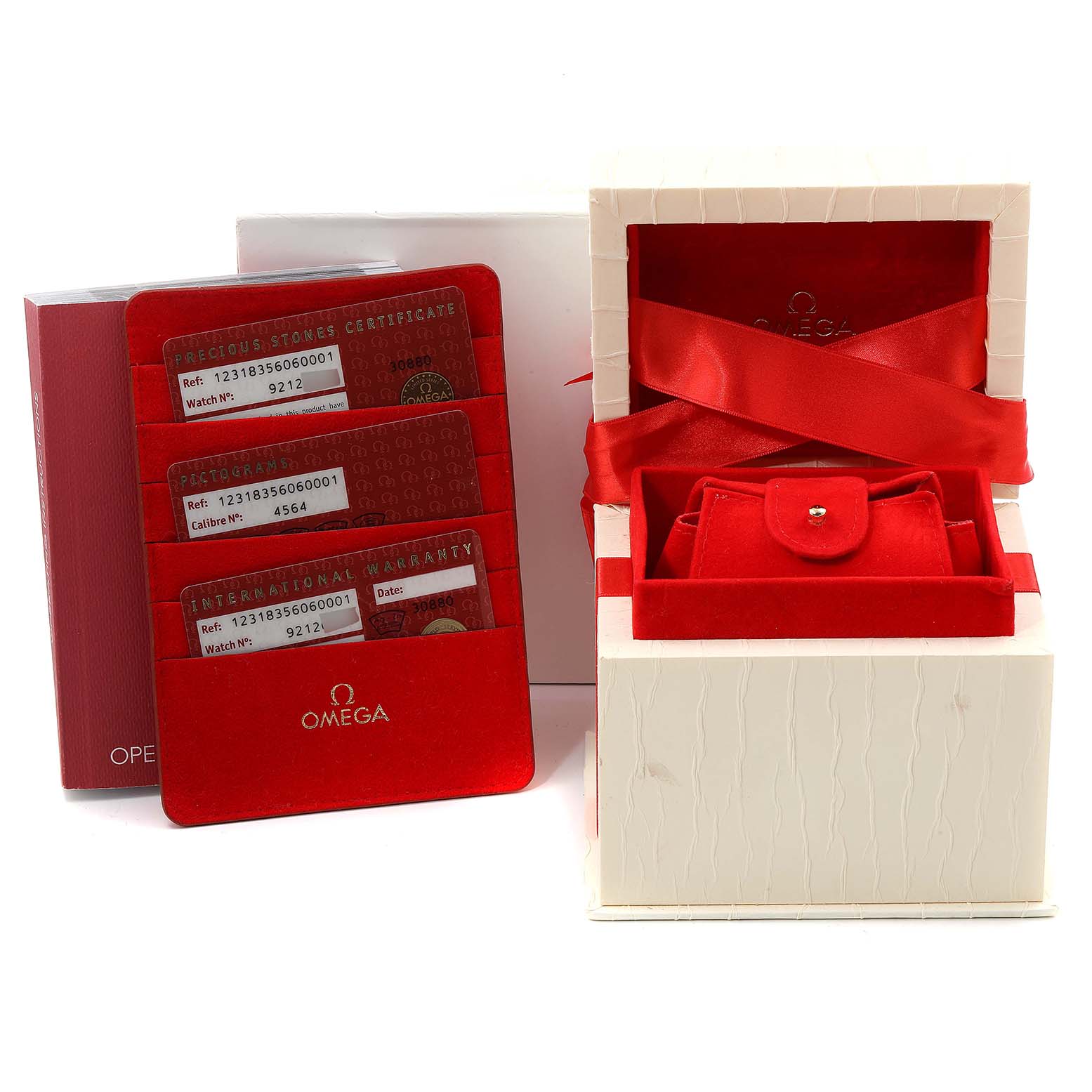 The image shows the Omega 123.18.35.60.60.001 Women's Stainless Steel Purple Dial 123.18.35.60.60.001 Women's Stainless Steel Purple Dial Constellation 35mm Diamond Steel Ladies Watch 123.18.35.60.60.001's box and warranty cards.