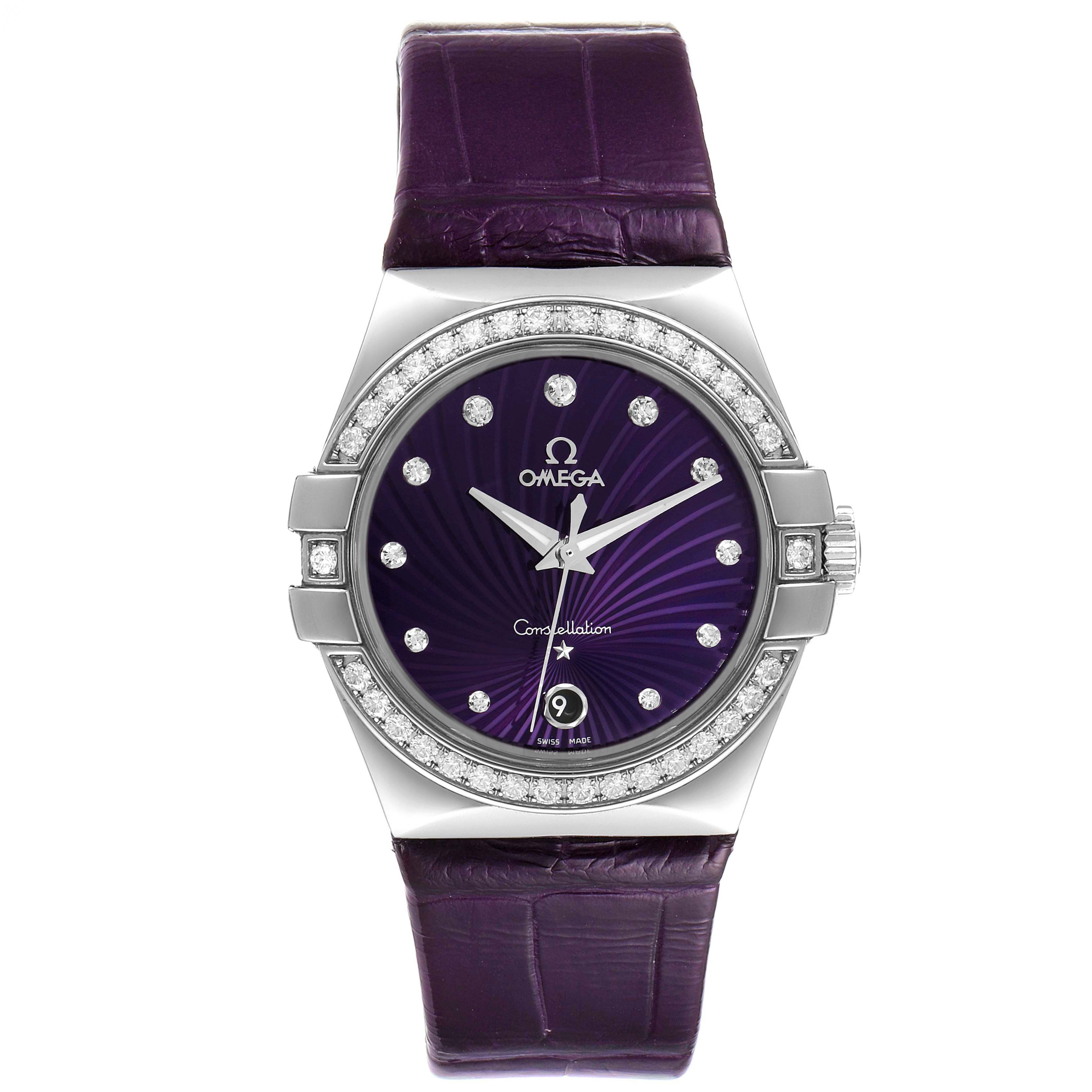 The image shows a frontal view of the Omega 123.18.35.60.60.001 Women's Stainless Steel Purple Dial 123.18.35.60.60.001 Women's Stainless Steel Purple Dial Constellation 35mm Diamond Steel Ladies Watch 123.18.35.60.60.001, displaying its face and strap.