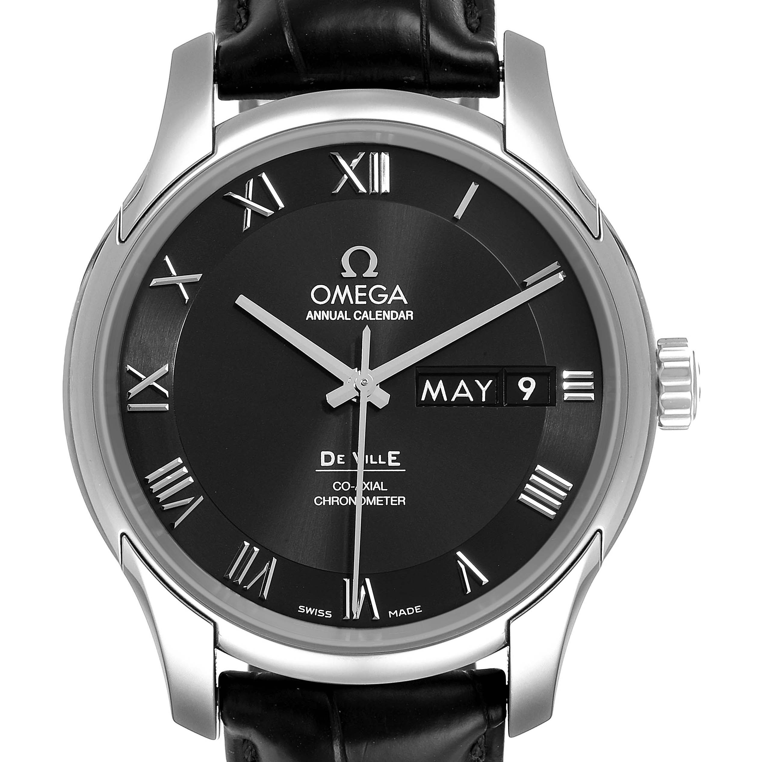 The image shows a front view of the Omega De Ville 431.10.41.22.01.001 Men
s Stainless Steel Black Dial 431.10.41.22.01.001 Men
s Stainless Steel Black Dial watch, highlighting its dial and calendar date display.