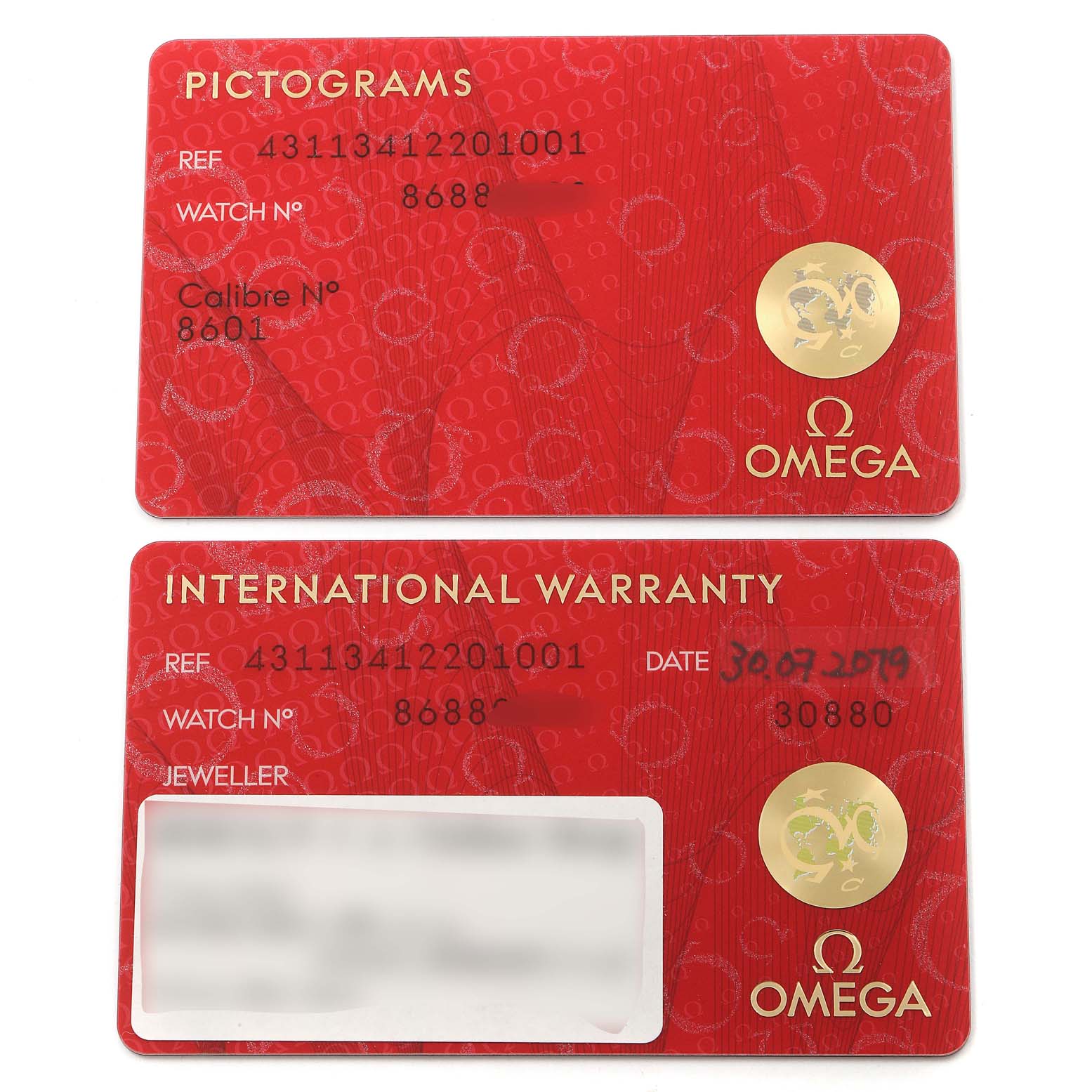 The image shows the Pictograms and International Warranty cards for an Omega De Ville 431.10.41.22.01.001 Men
s Stainless Steel Black Dial 431.10.41.22.01.001 Men
s Stainless Steel Black Dial watch.