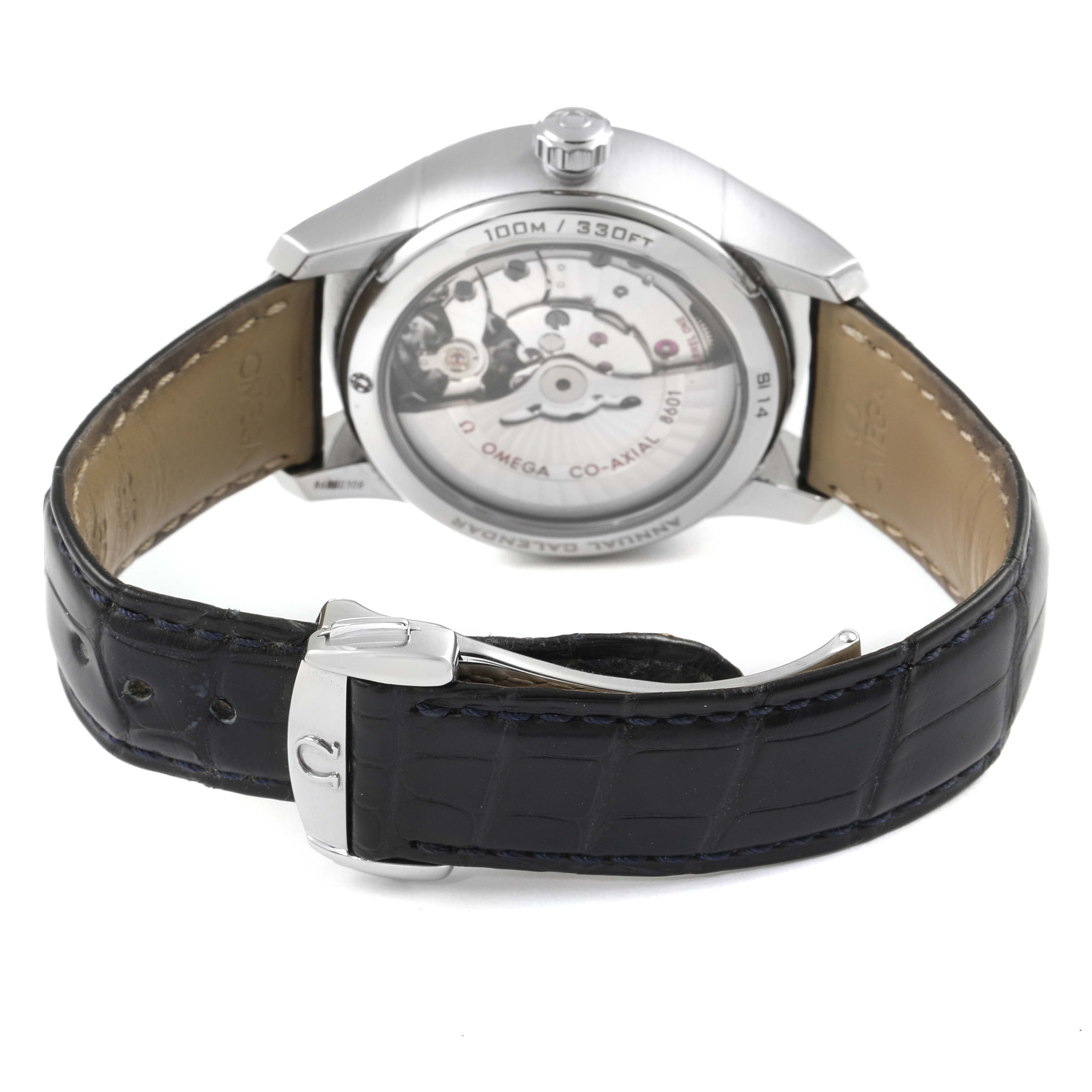 The image shows the back view of the Omega De Ville 431.10.41.22.01.001 Men
s Stainless Steel Black Dial 431.10.41.22.01.001 Men
s Stainless Steel Black Dial watch, highlighting its movement and leather strap with a clasp.