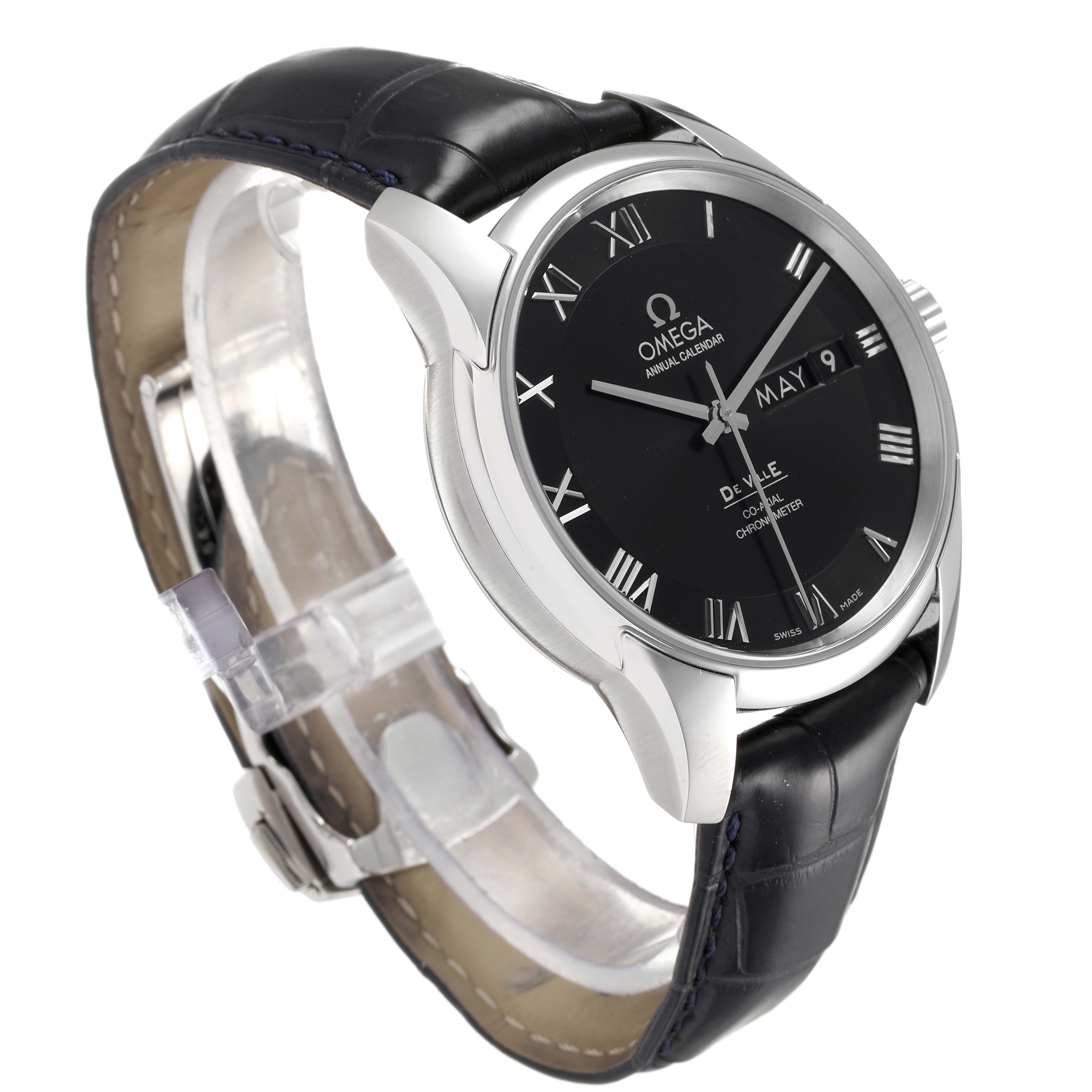 The Omega De Ville 431.10.41.22.01.001 Men
s Stainless Steel Black Dial 431.10.41.22.01.001 Men
s Stainless Steel Black Dial watch is shown at a slight angle highlighting the face, bezel, crown, and black leather strap.