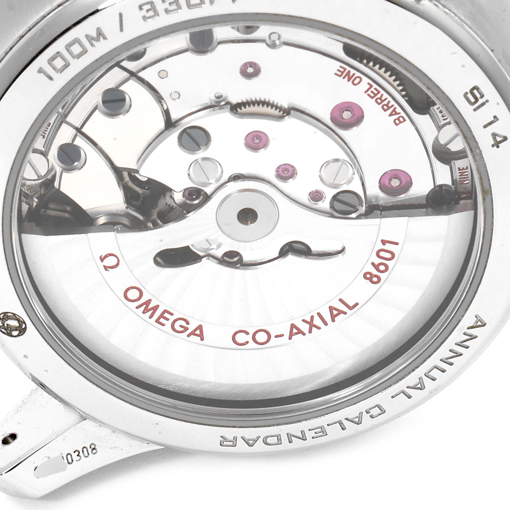 The image shows the back view of the Omega De Ville 431.10.41.22.01.001 Men
s Stainless Steel Black Dial 431.10.41.22.01.001 Men
s Stainless Steel Black Dial watch, highlighting the Co-Axial 8601 movement.