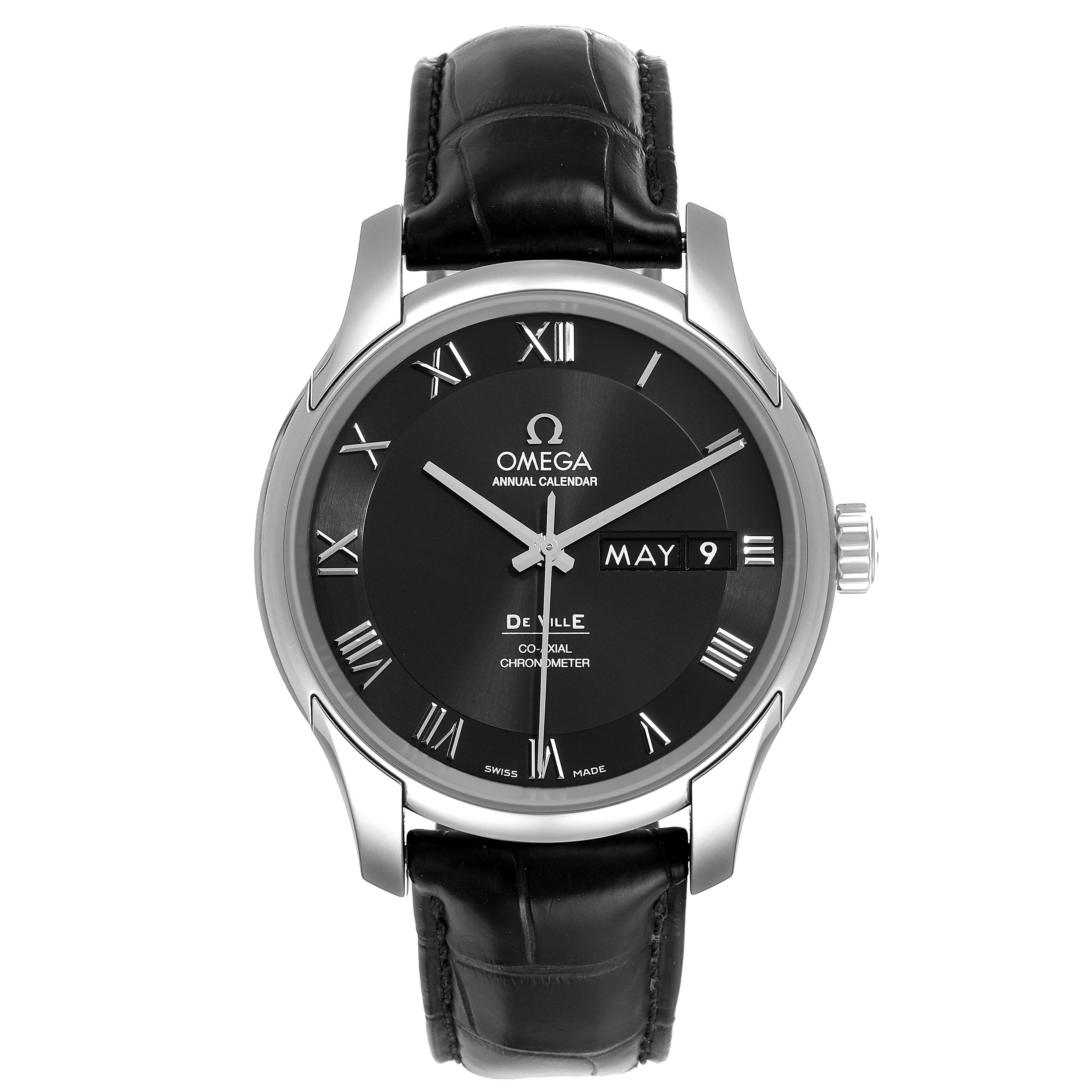The image showcases a frontal view of the Omega De Ville 431.10.41.22.01.001 Men
s Stainless Steel Black Dial 431.10.41.22.01.001 Men
s Stainless Steel Black Dial watch, displaying the face, hands, and black leather strap.
