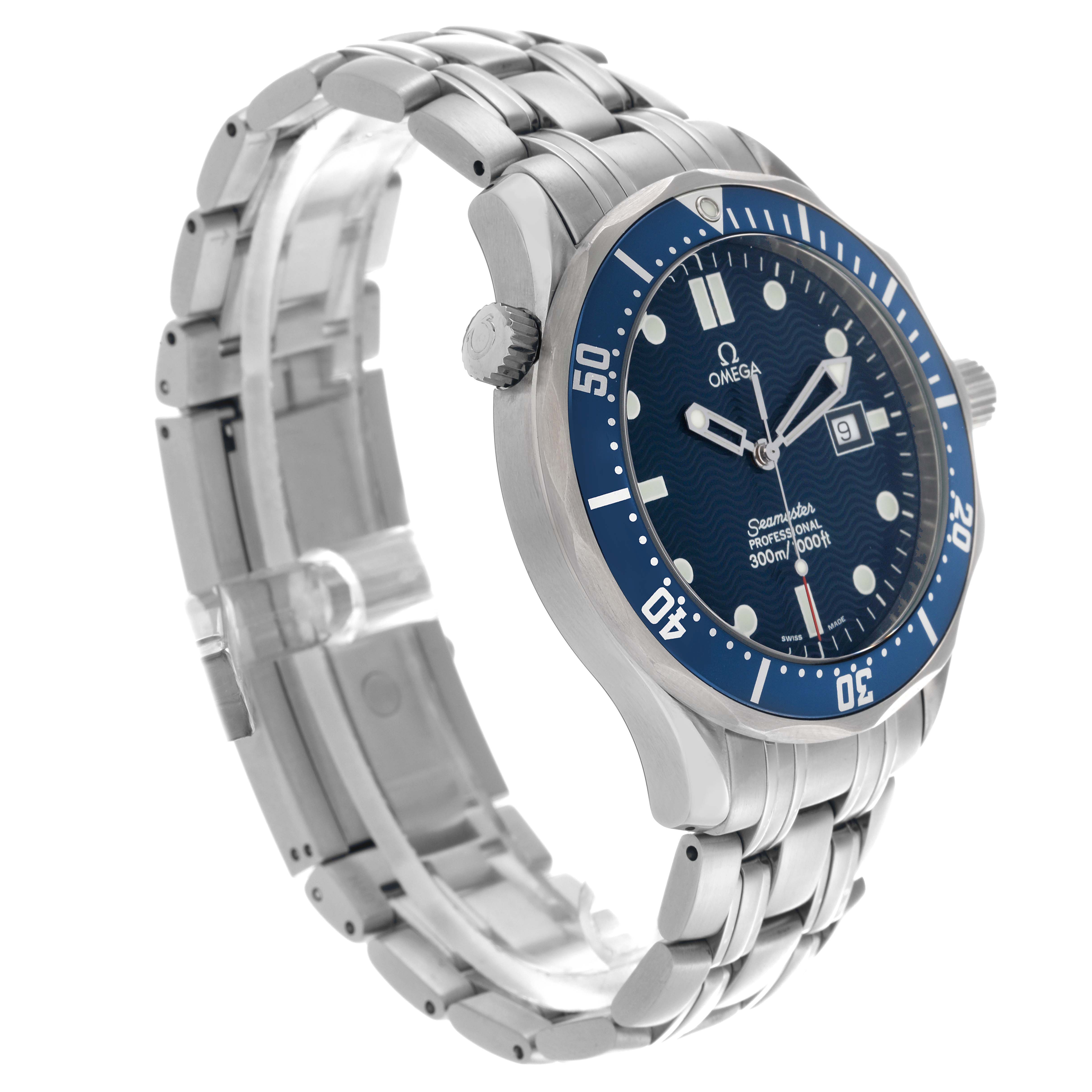 The Omega Seamaster 2541.80.00 Men
s Stainless Steel Blue Dial 2541.80.00 Men
s Stainless Steel Blue Dial watch is shown at an angle displaying the dial, bezel, crown, and stainless steel bracelet.