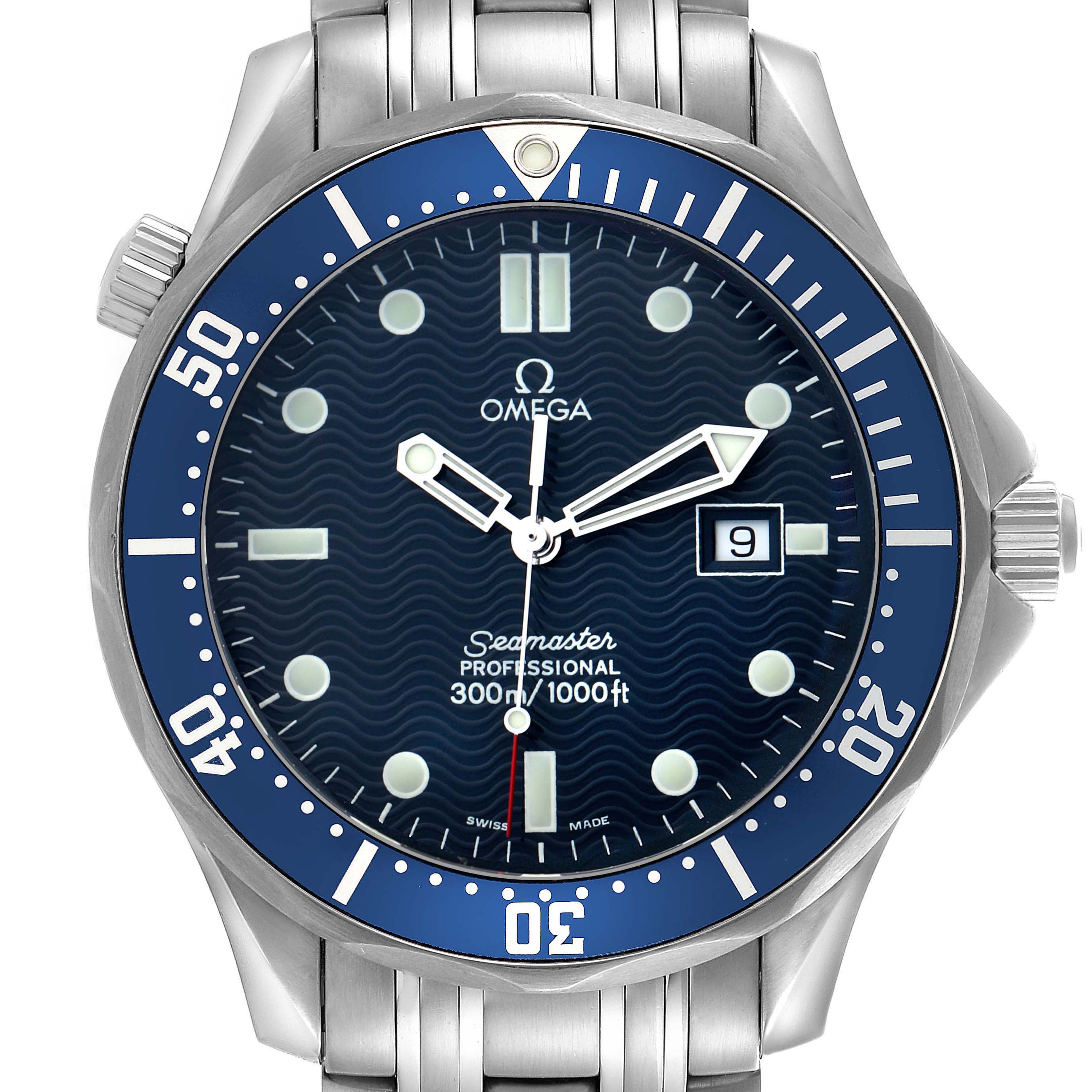 The Omega Seamaster 2541.80.00 Men
s Stainless Steel Blue Dial 2541.80.00 Men
s Stainless Steel Blue Dial watch is shown from a front angle, highlighting its blue dial, bezel, and stainless steel bracelet.