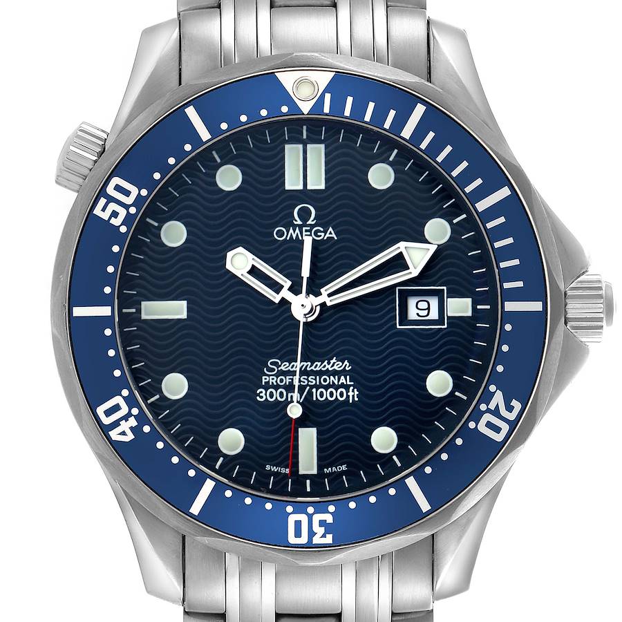The Omega Seamaster watch is shown from a front angle, highlighting its blue dial, bezel, and stainless steel bracelet.