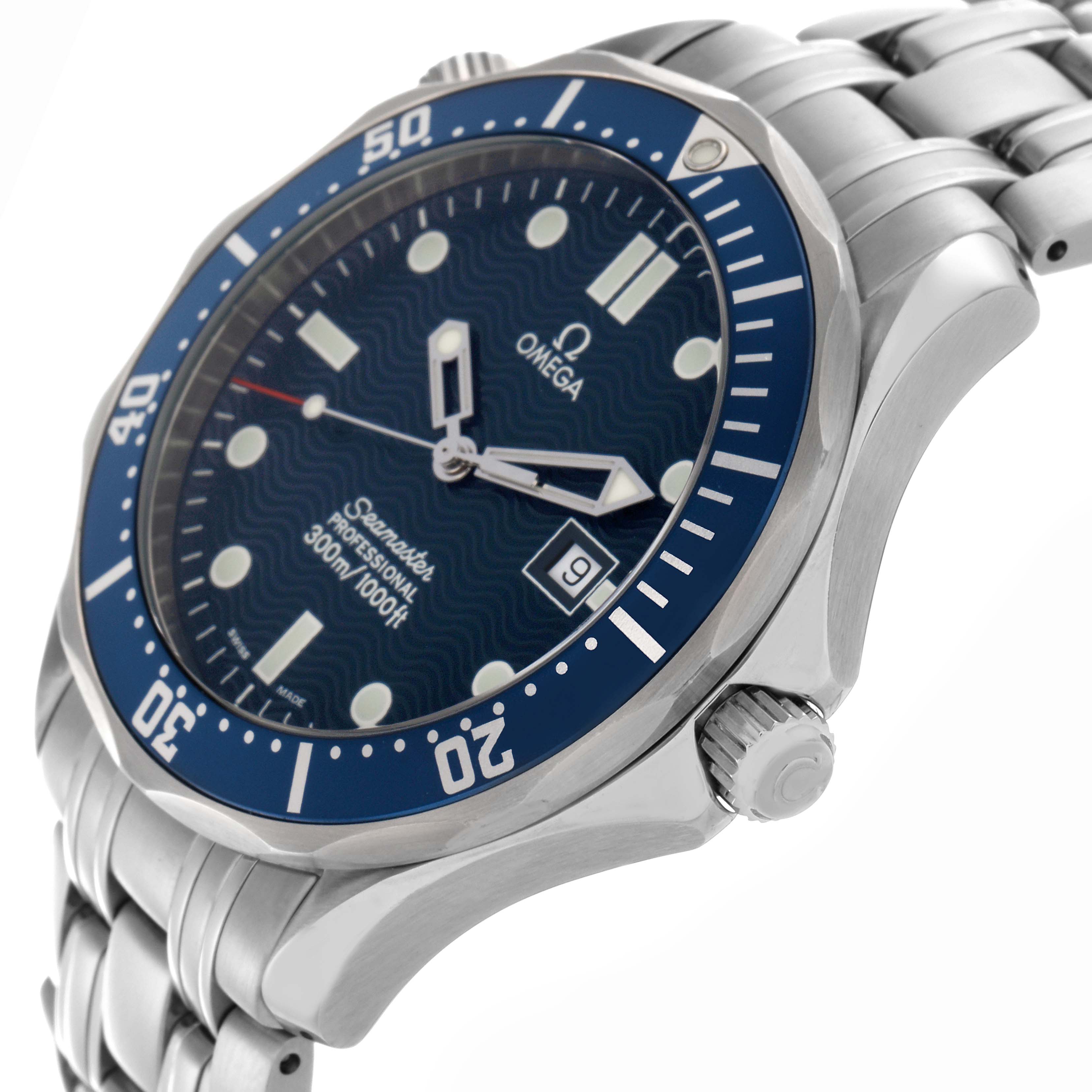 The Omega Seamaster 2541.80.00 Men
s Stainless Steel Blue Dial 2541.80.00 Men
s Stainless Steel Blue Dial is shown from a side angle, highlighting the watch face, bezel, crown, and part of the bracelet.