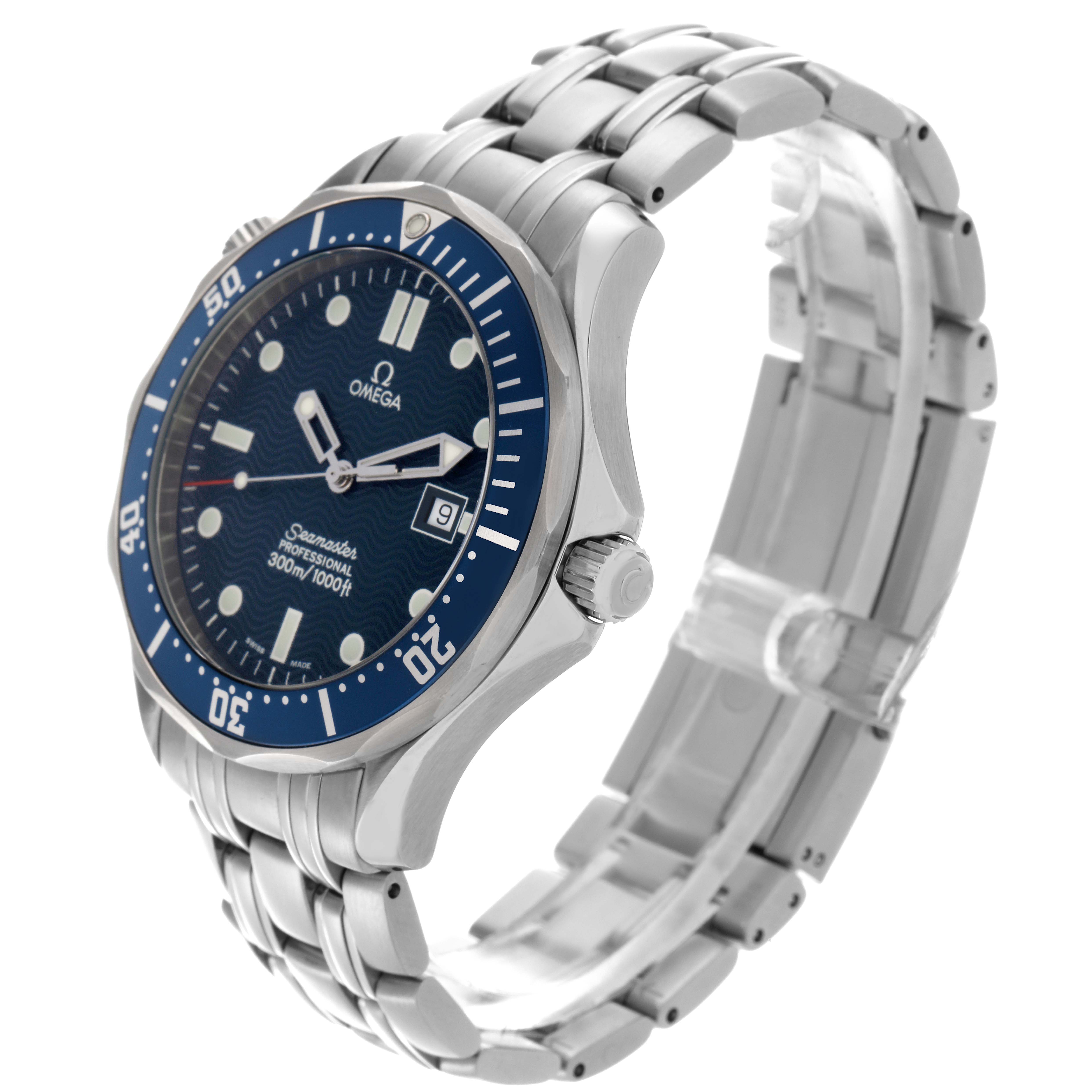 The Omega Seamaster 2541.80.00 Men
s Stainless Steel Blue Dial 2541.80.00 Men
s Stainless Steel Blue Dial watch is shown at a three-quarter angle, highlighting the dial, bezel, crown, and stainless steel bracelet.