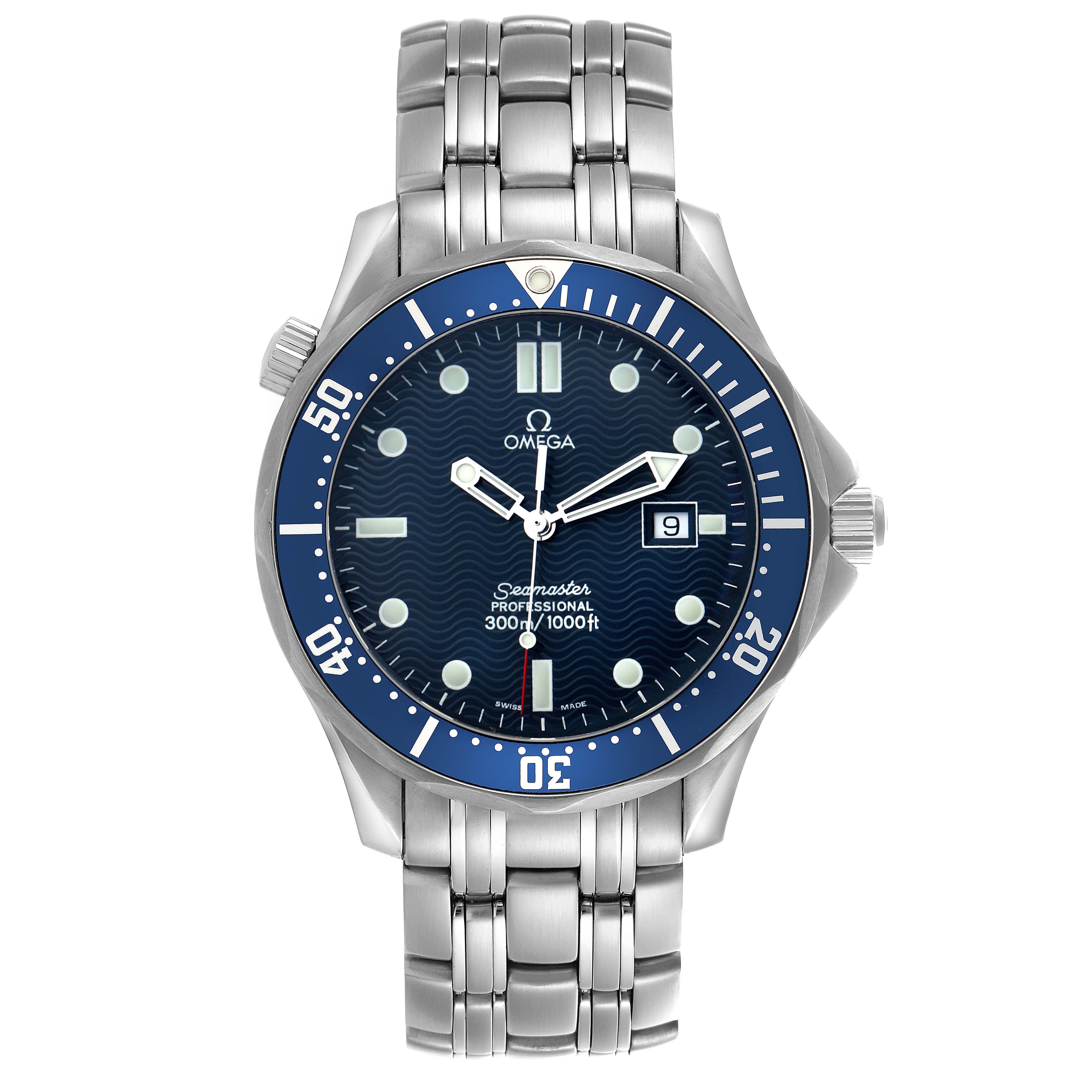 The Omega Seamaster 2541.80.00 Men
s Stainless Steel Blue Dial 2541.80.00 Men
s Stainless Steel Blue Dial watch is shown from the front, displaying the dial, bezel, crown, and stainless steel bracelet.