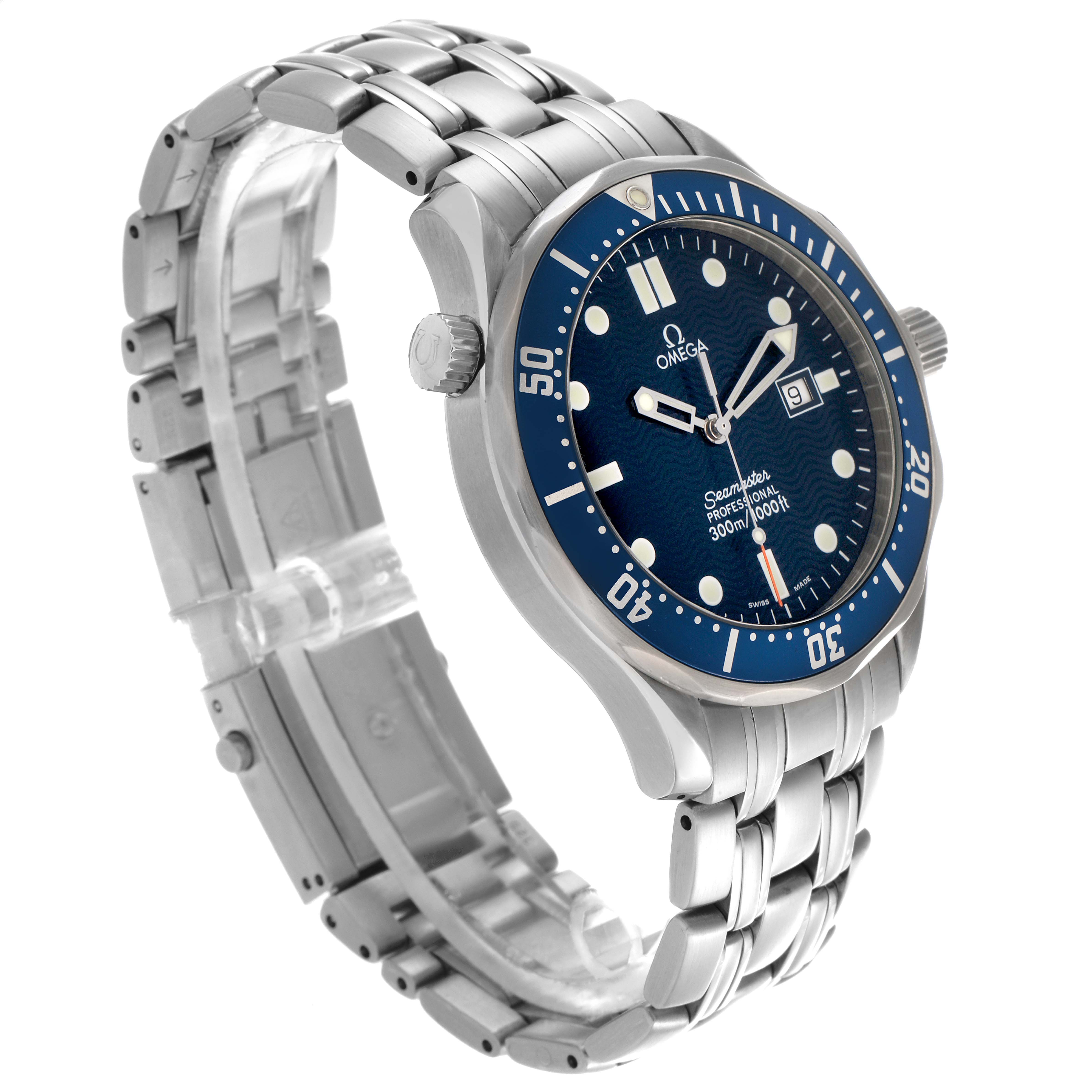 The Omega Seamaster 2541.80.00 Men
s Stainless Steel Blue Dial 2541.80.00 Men
s Stainless Steel Blue Dial watch is shown at a three-quarter angle, highlighting the dial, bezel, and metal bracelet.