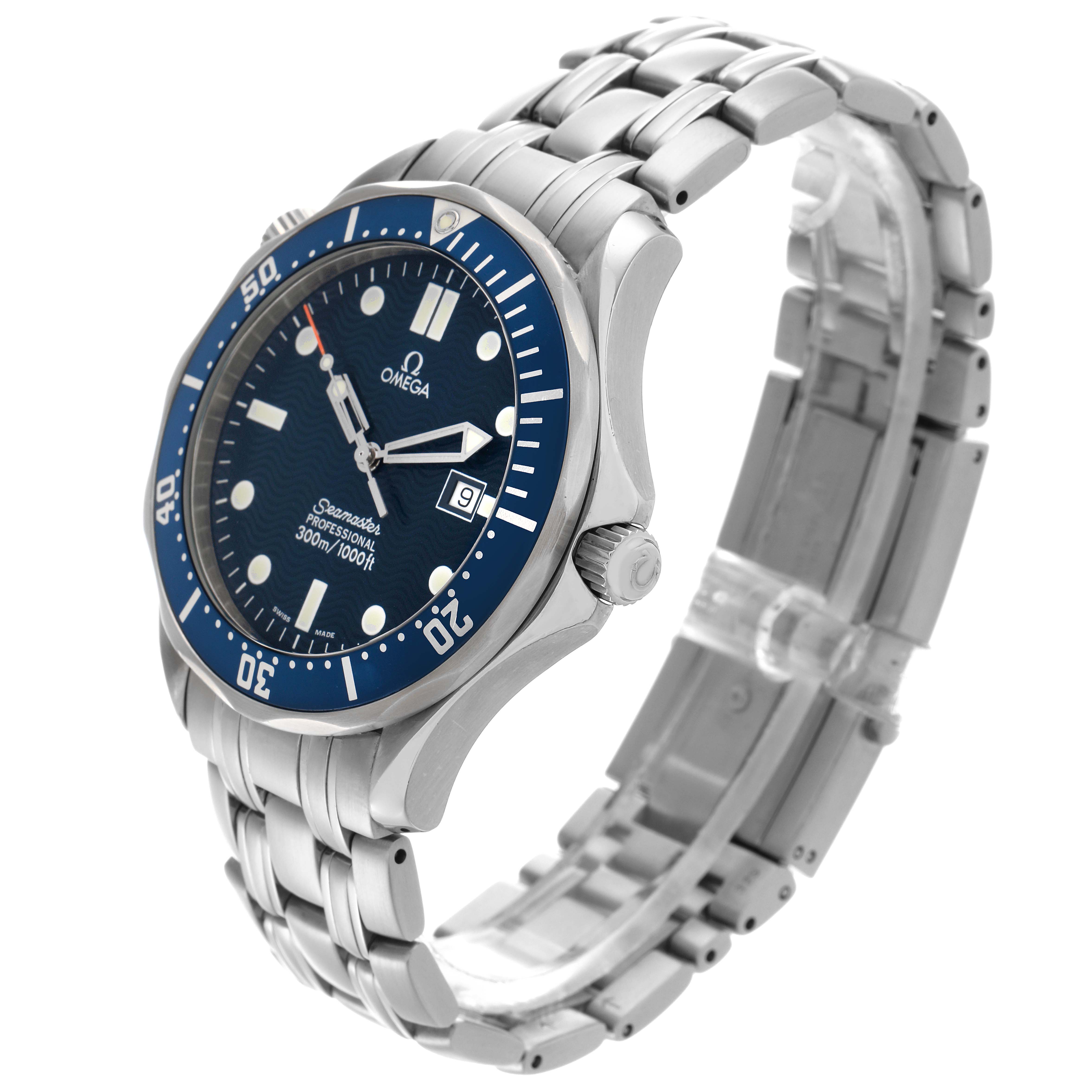 The Omega Seamaster 2541.80.00 Men
s Stainless Steel Blue Dial 2541.80.00 Men
s Stainless Steel Blue Dial watch is shown from a three-quarter angle, displaying the face, bezel, crown, bracelet, and clasp.