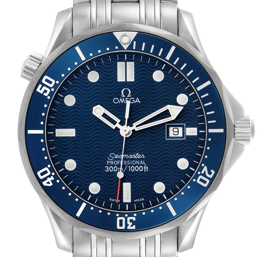 The Omega Seamaster watch is shown from the front, displaying the dial, bezel, and part of the bracelet.