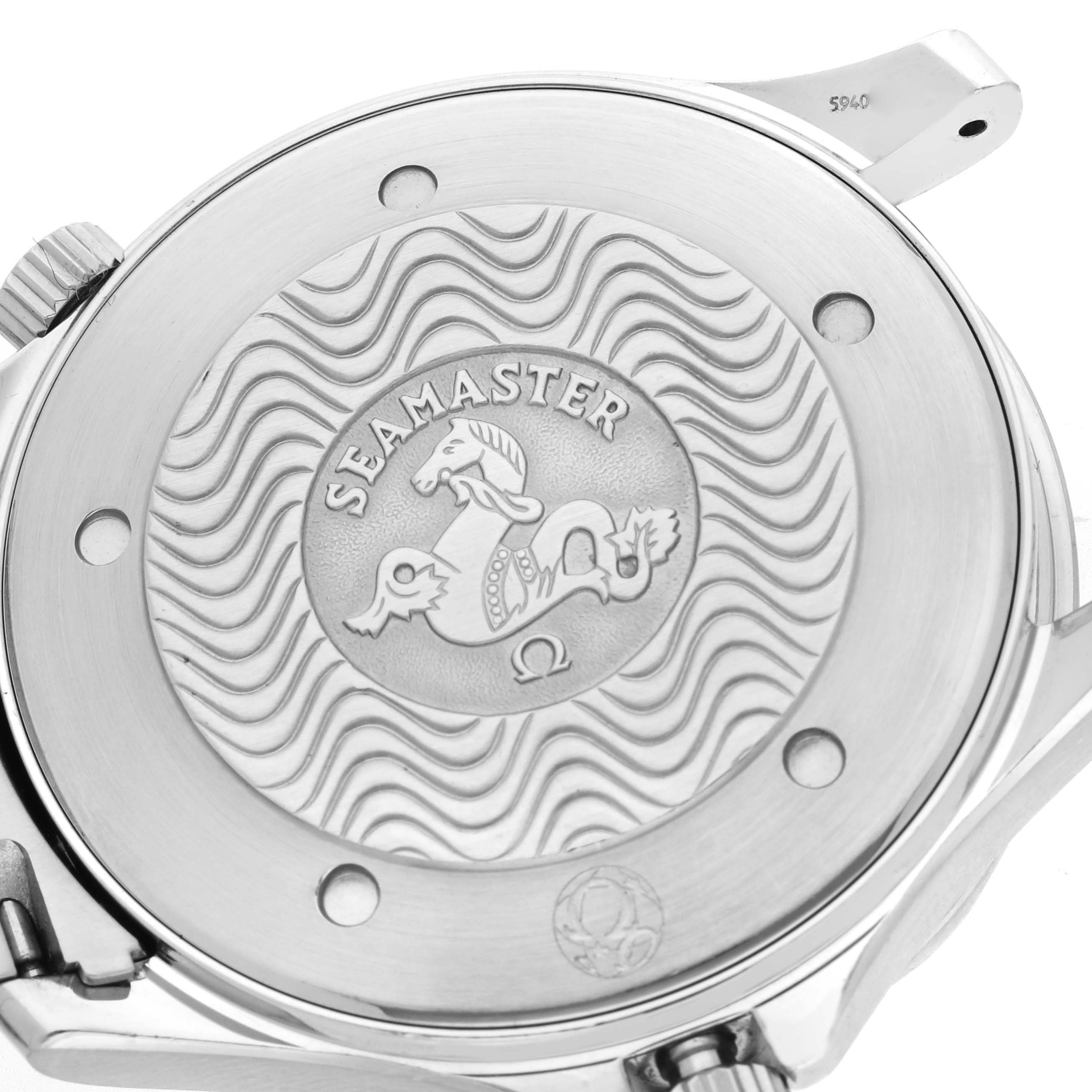 The image shows the case back of an Omega Seamaster 2541.80.00 Men
s Stainless Steel Blue Dial 2541.80.00 Men
s Stainless Steel Blue Dial watch, featuring the engraved logo and wave pattern.