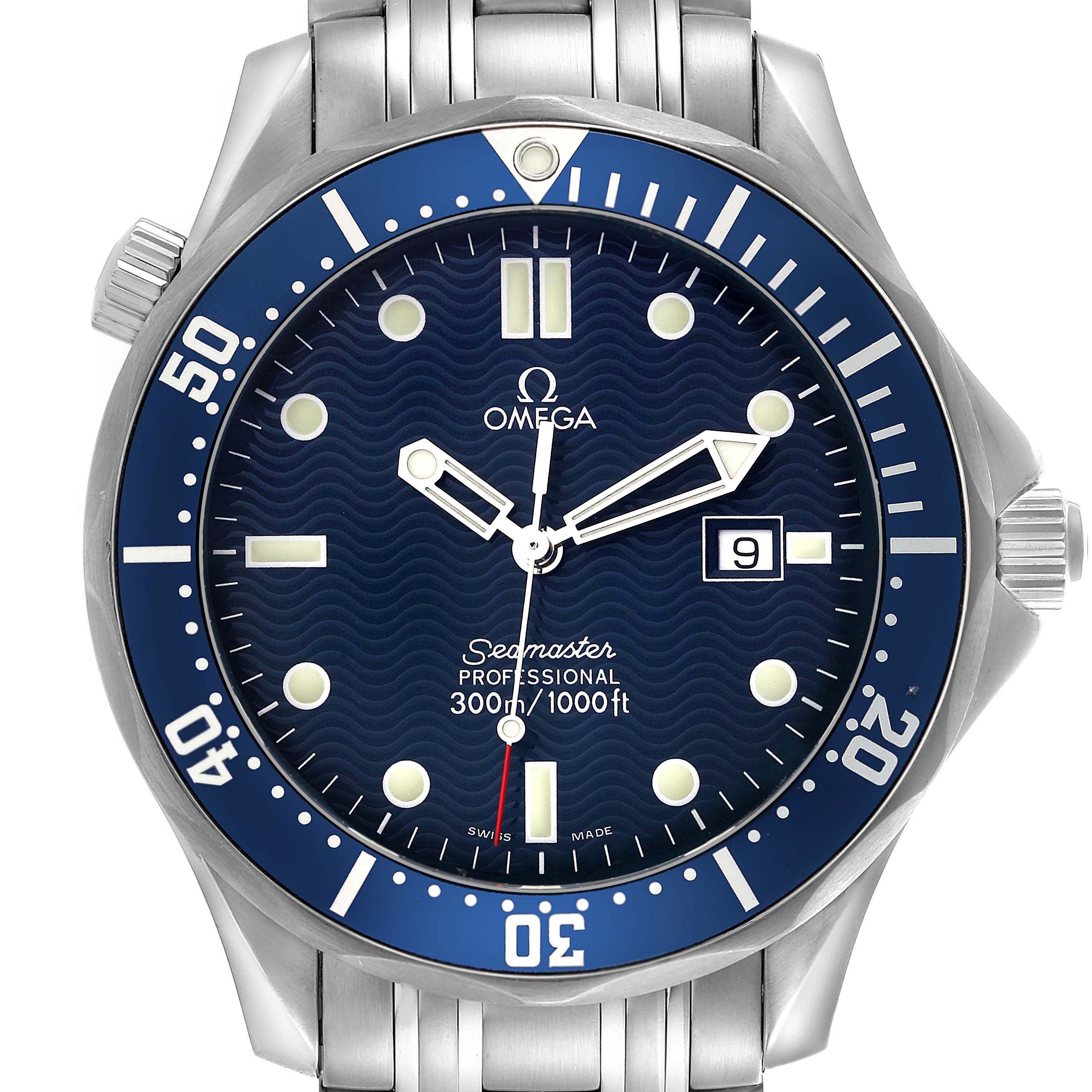 The Omega Seamaster 2541.80.00 Men
s Stainless Steel Blue Dial 2541.80.00 Men
s Stainless Steel Blue Dial watch is shown from the front, highlighting the blue dial, bezel, and metal bracelet.