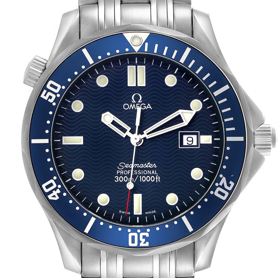 The Omega Seamaster watch is shown from the front, highlighting the blue dial, bezel, and metal bracelet.