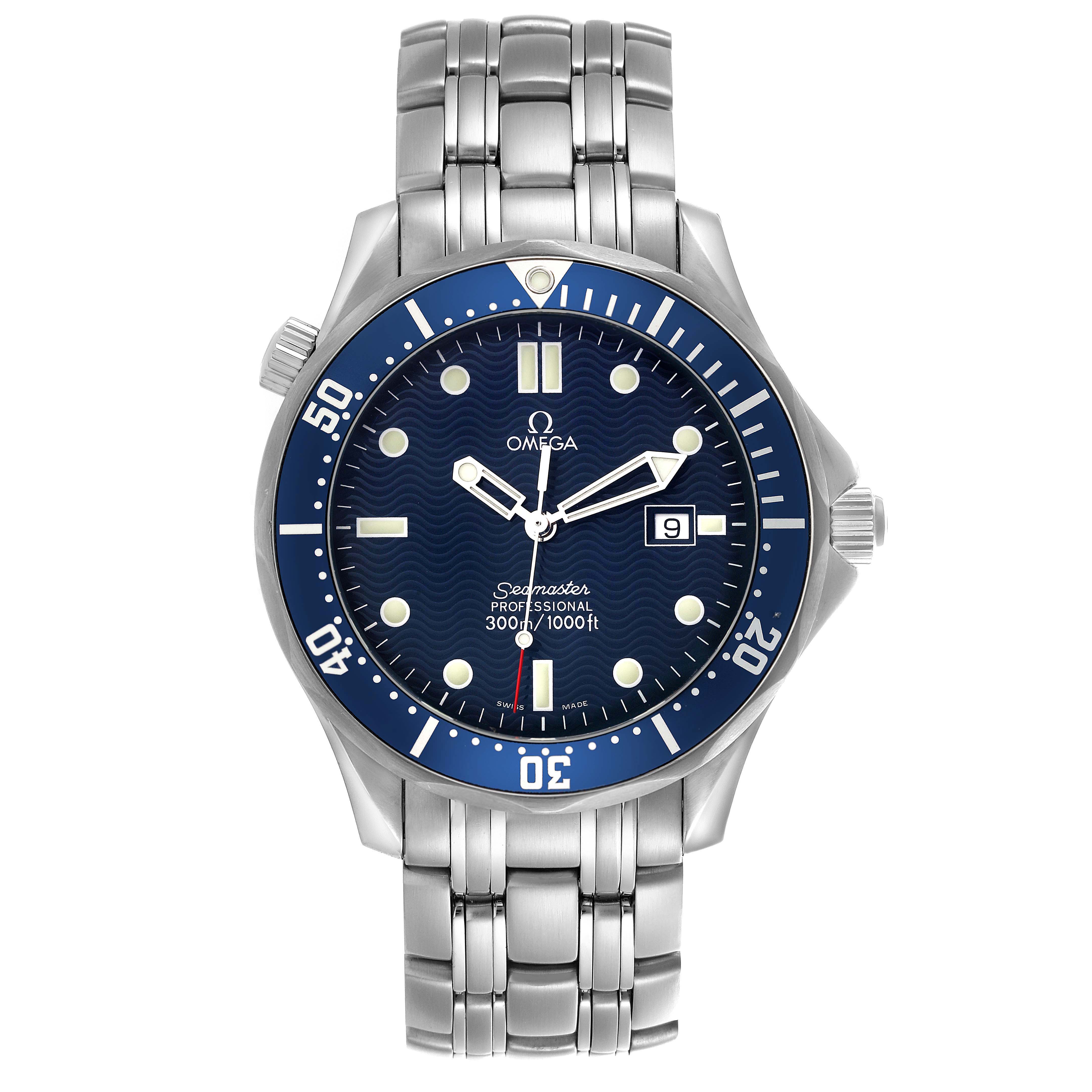 The Omega Seamaster 2541.80.00 Men
s Stainless Steel Blue Dial 2541.80.00 Men
s Stainless Steel Blue Dial is shown from a top view, displaying the dial, bezel, bracelet, and crown.