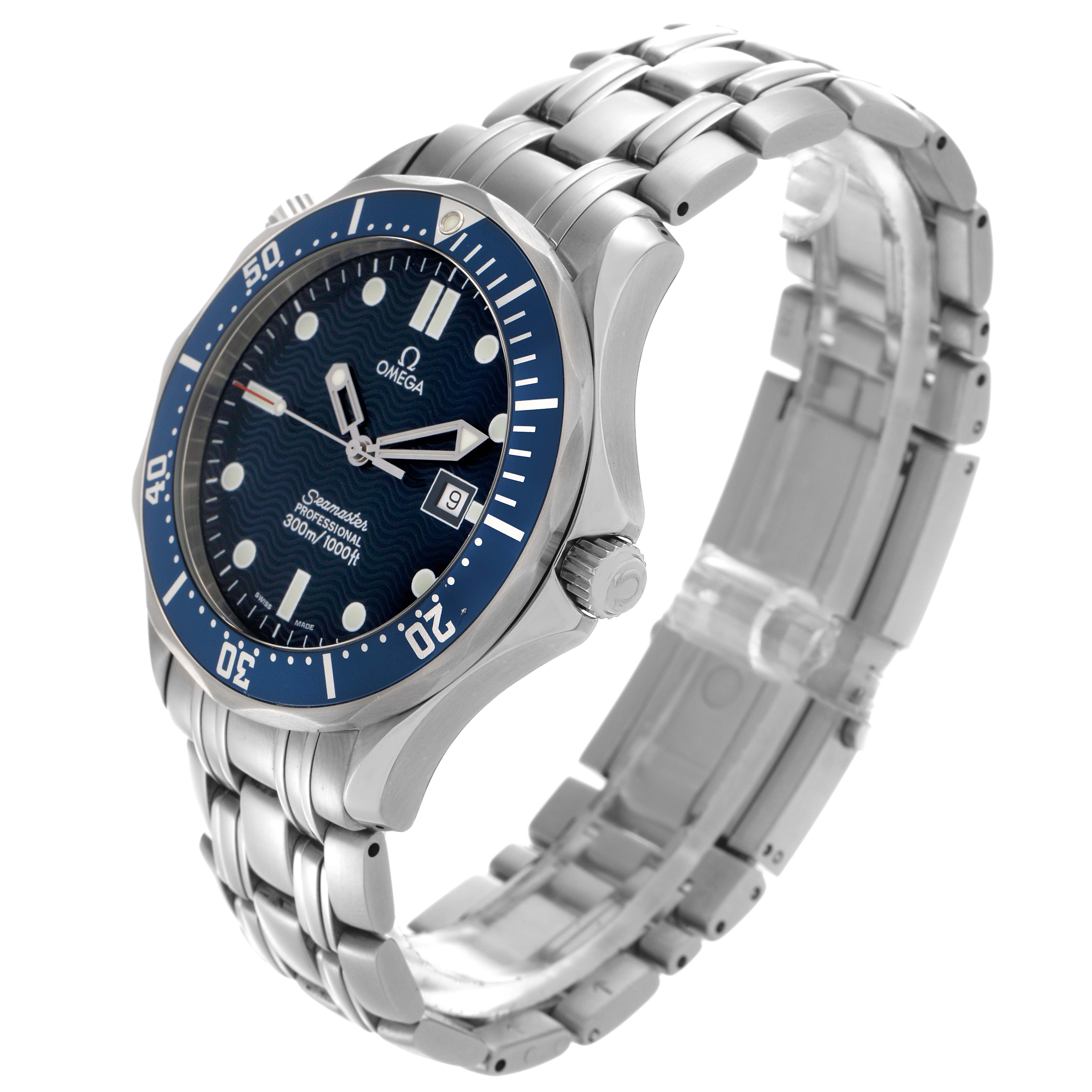 The Omega Seamaster 2541.80.00 Men
s Stainless Steel Blue Dial 2541.80.00 Men
s Stainless Steel Blue Dial watch is shown at an angled view, displaying the dial, bezel, and bracelet.
