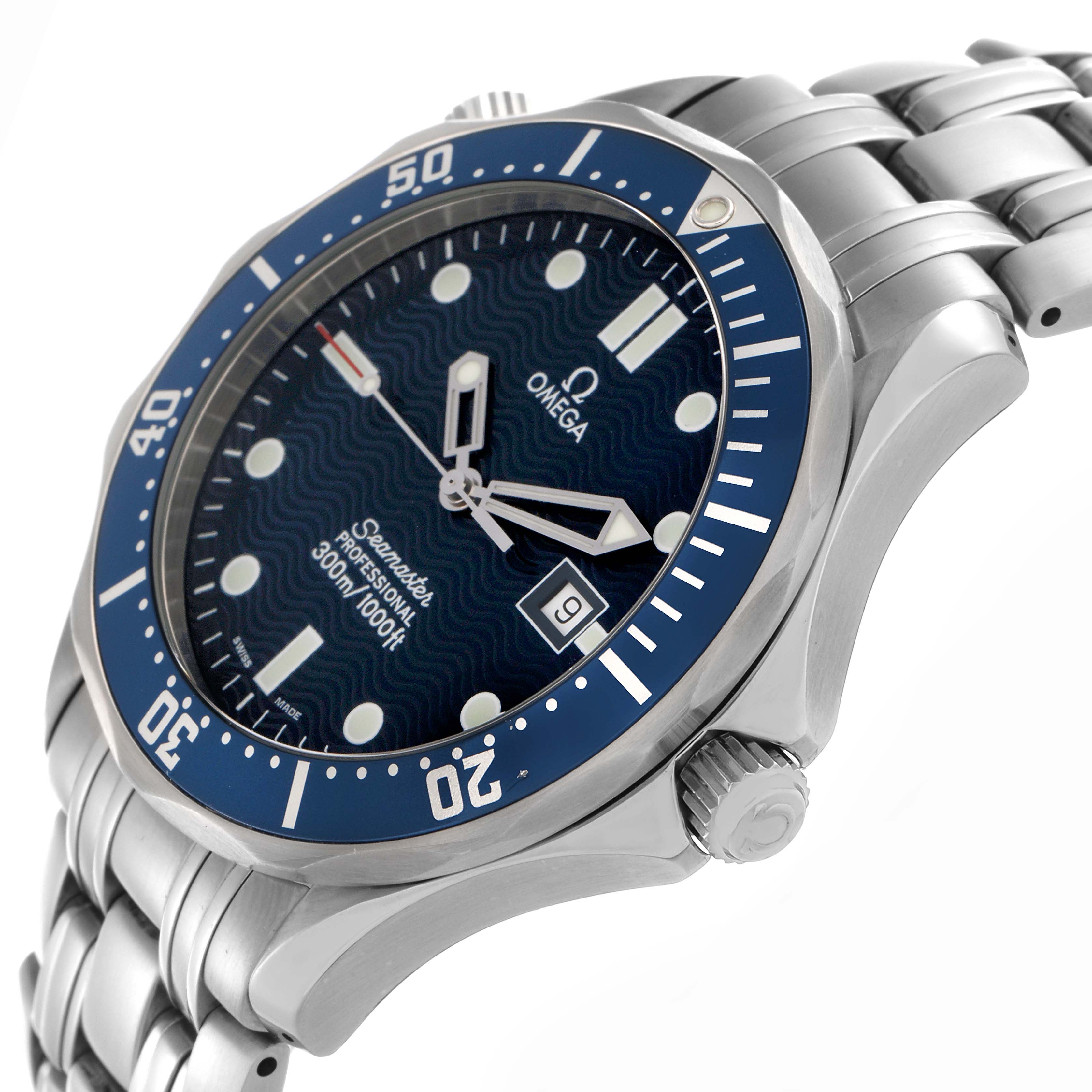 The Omega Seamaster 2541.80.00 Men
s Stainless Steel Blue Dial 2541.80.00 Men
s Stainless Steel Blue Dial watch is shown at a slight angle, highlighting the bezel, crown, bracelet, and wavy-patterned blue dial.