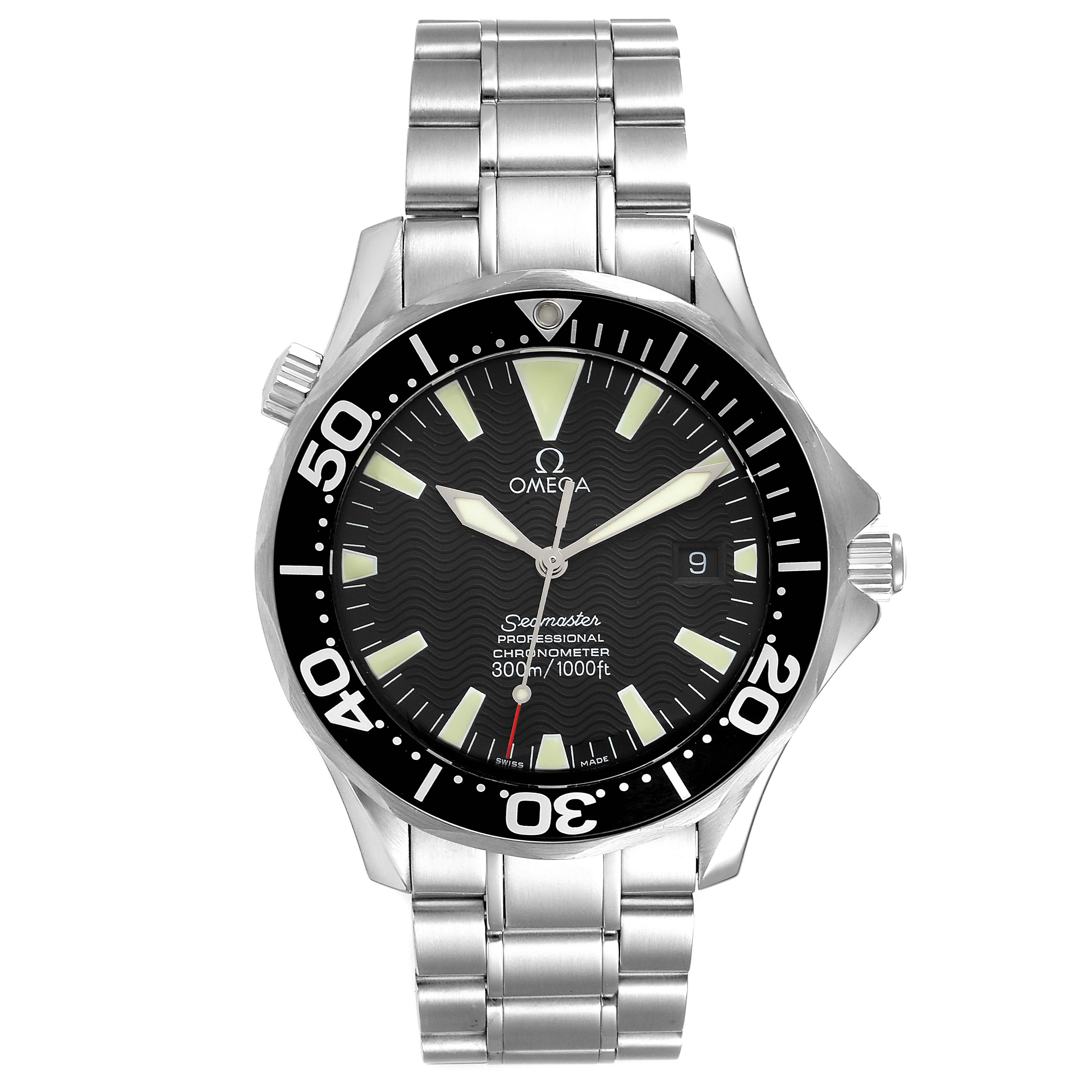 The image shows a front view of the Omega Seamaster 2254.50.00 Men
s Stainless Steel Black Dial 2254.50.00 Men
s Stainless Steel Black Dial watch, featuring its face, bezel, and stainless steel bracelet.
