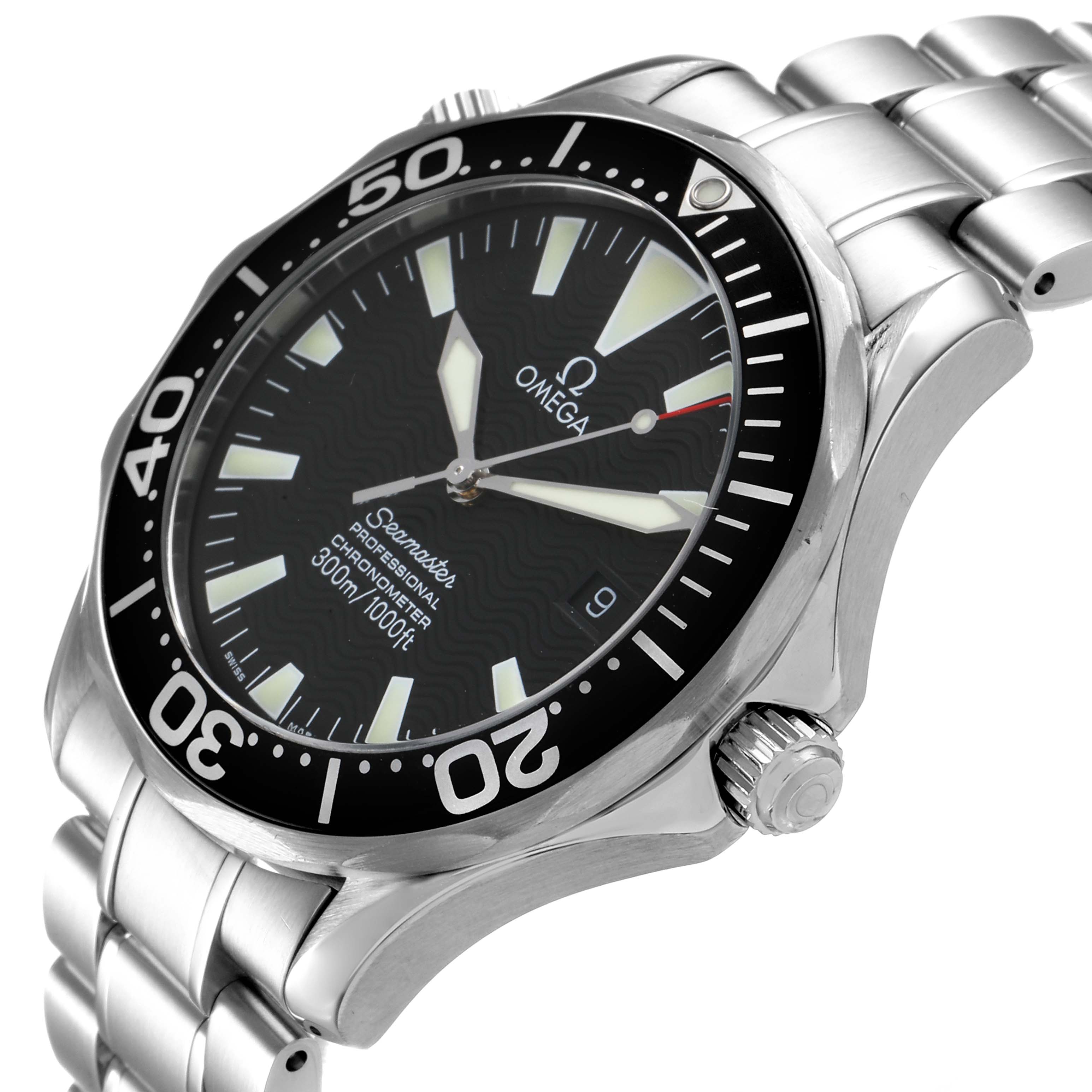 The image shows a side angle of an Omega Seamaster 2254.50.00 Men
s Stainless Steel Black Dial 2254.50.00 Men
s Stainless Steel Black Dial watch, displaying its face, bezel, crown, and metal bracelet.