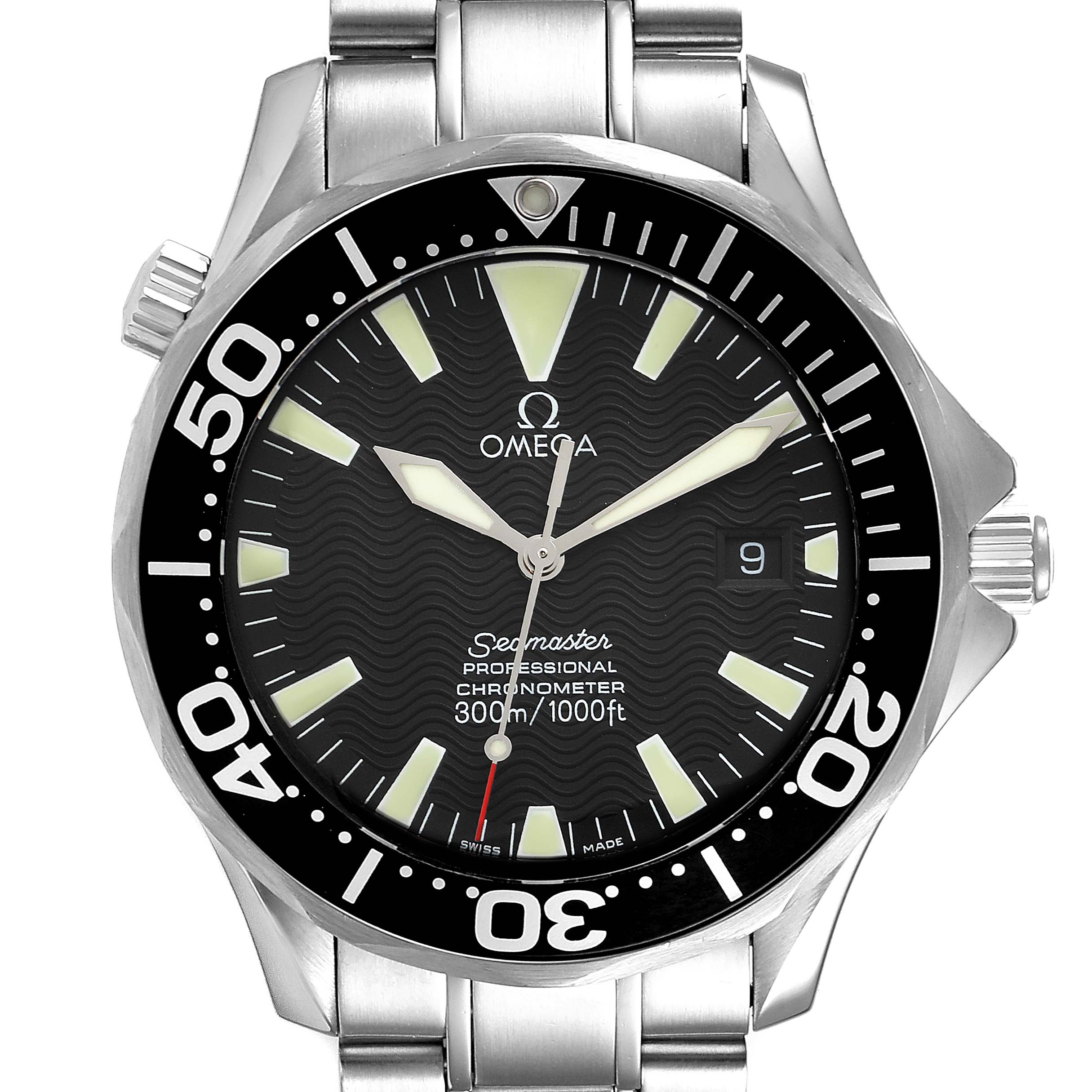 The image shows a front view of the Omega Seamaster 2254.50.00 Men
s Stainless Steel Black Dial 2254.50.00 Men
s Stainless Steel Black Dial Professional Chronometer watch, highlighting the dial, bezel, and part of the bracelet.