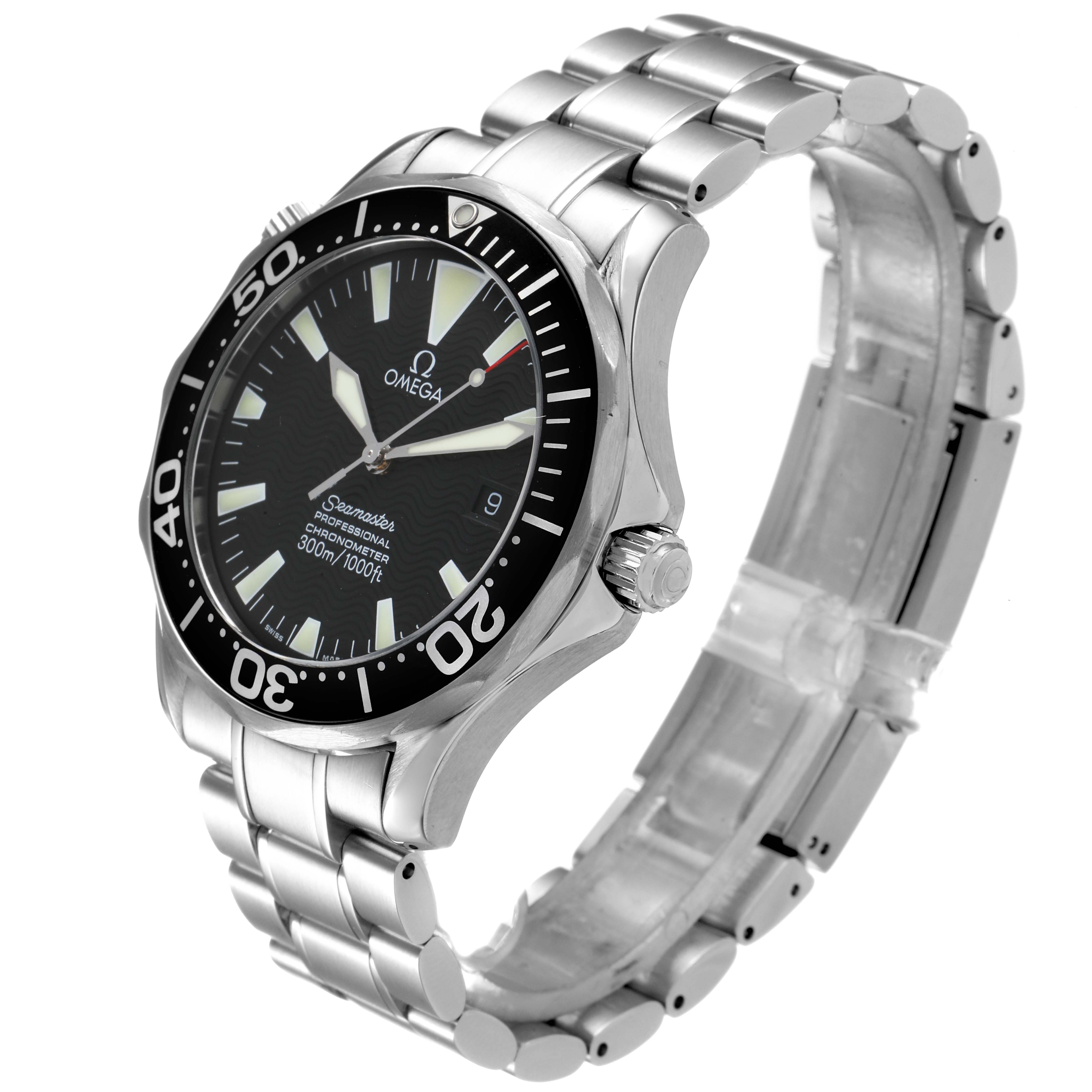 The image shows a 3/4 angle view of an Omega Seamaster 2254.50.00 Men
s Stainless Steel Black Dial 2254.50.00 Men
s Stainless Steel Black Dial watch, displaying the face, bezel, crown, and part of the bracelet.