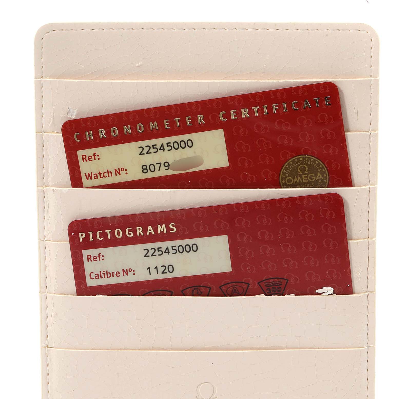 The image shows Chronometer and Pictograms cards for an Omega Seamaster 2254.50.00 Men
s Stainless Steel Black Dial 2254.50.00 Men
s Stainless Steel Black Dial watch, placed inside a white cardholder.