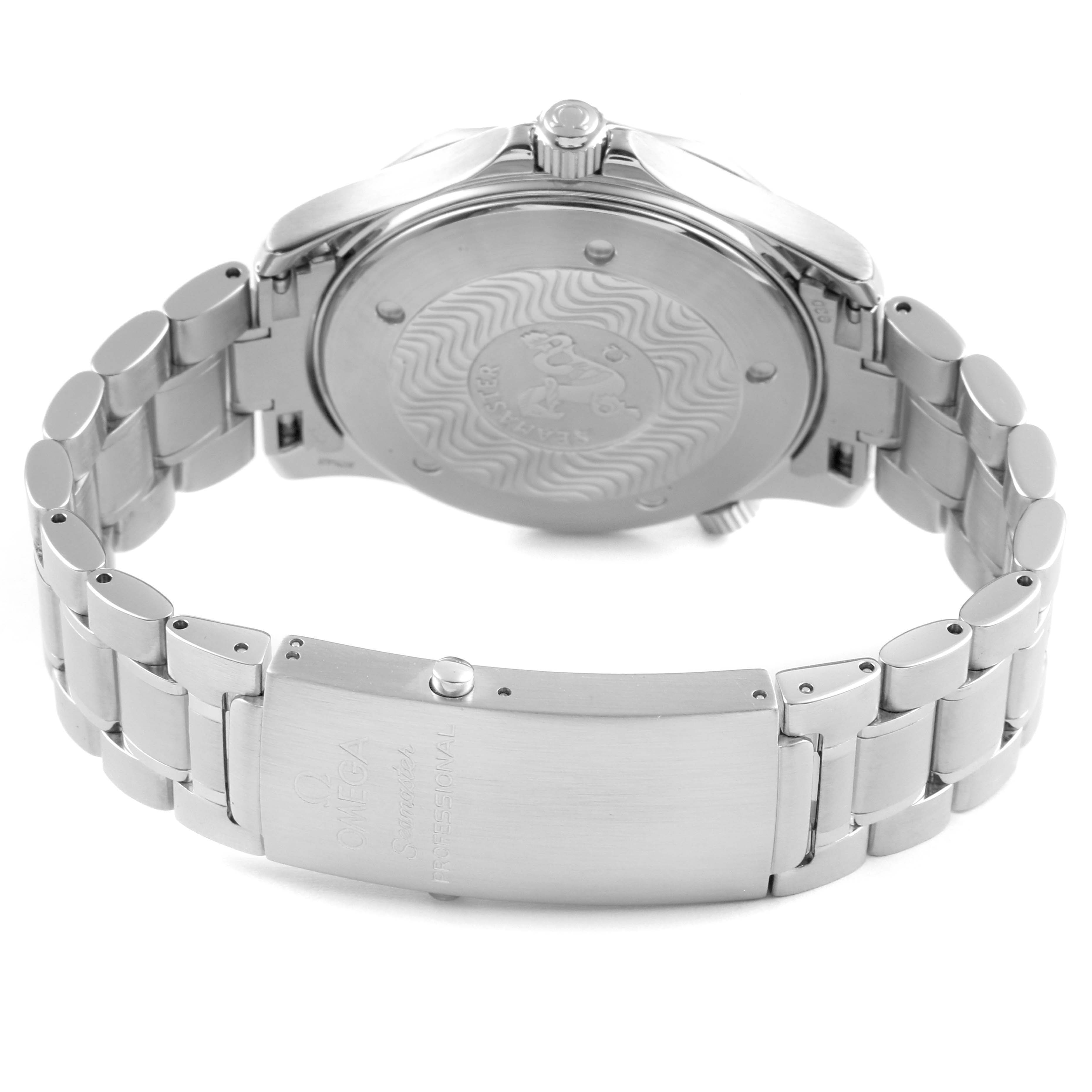 The image shows the back and clasp of an Omega Seamaster 2254.50.00 Men
s Stainless Steel Black Dial 2254.50.00 Men
s Stainless Steel Black Dial wristwatch, highlighting the case back, bracelet, and clasp detailing.