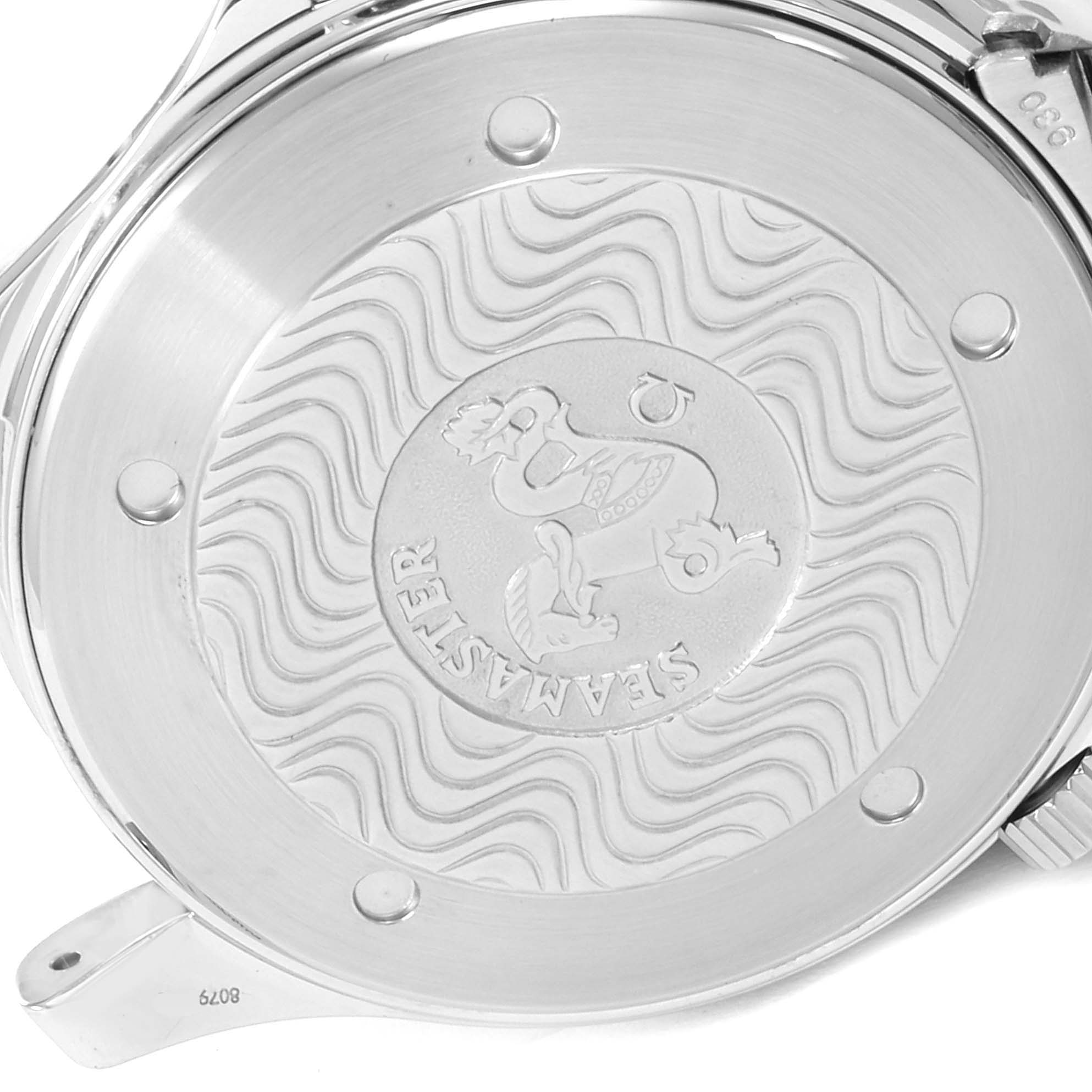 The image shows the case back of an Omega Seamaster 2254.50.00 Men
s Stainless Steel Black Dial 2254.50.00 Men
s Stainless Steel Black Dial watch, featuring the model
s engraved emblem and wave pattern design.