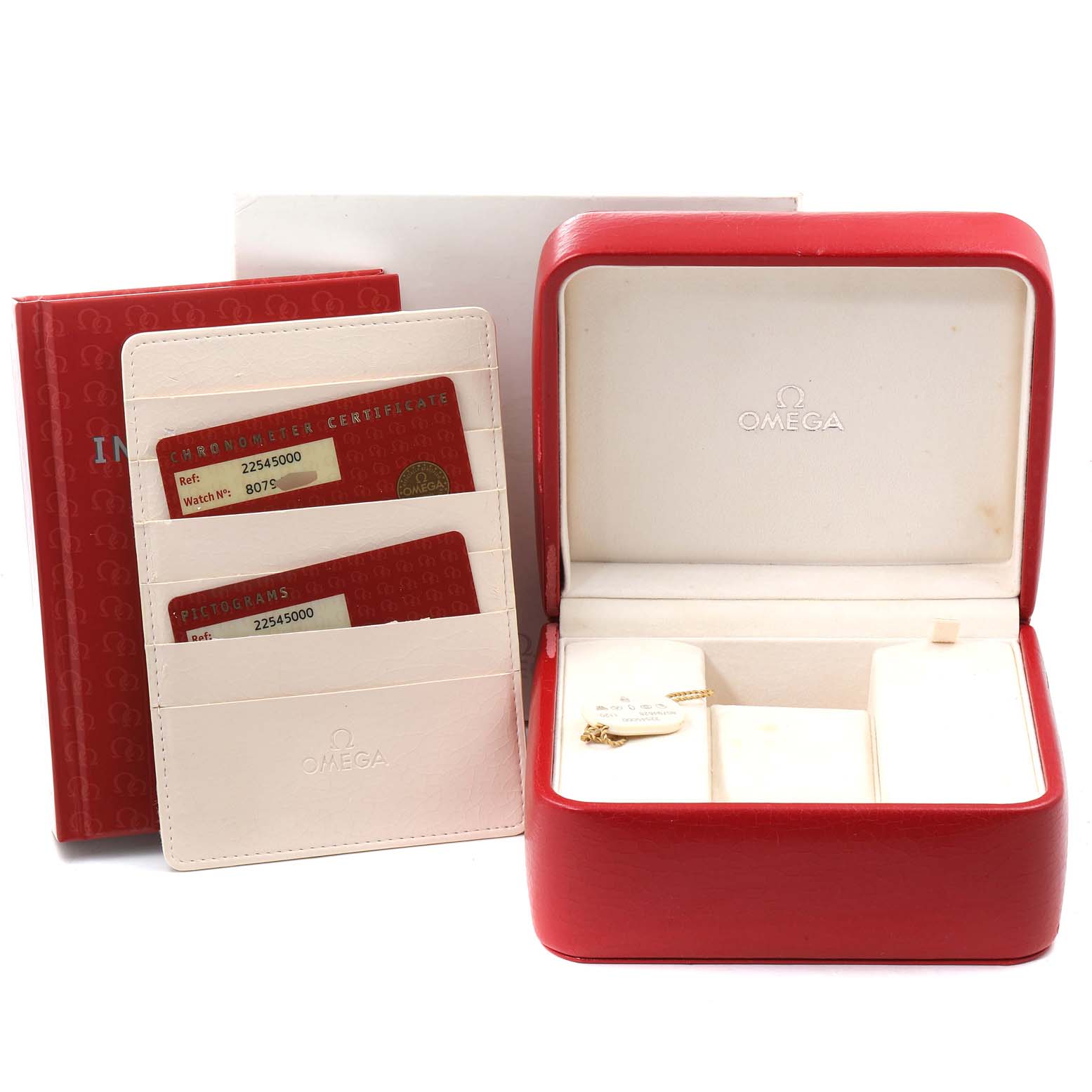 The image shows the packaging and documentation for an Omega Seamaster 2254.50.00 Men
s Stainless Steel Black Dial 2254.50.00 Men
s Stainless Steel Black Dial watch, including a red watch box, instruction manual, and certification cards.