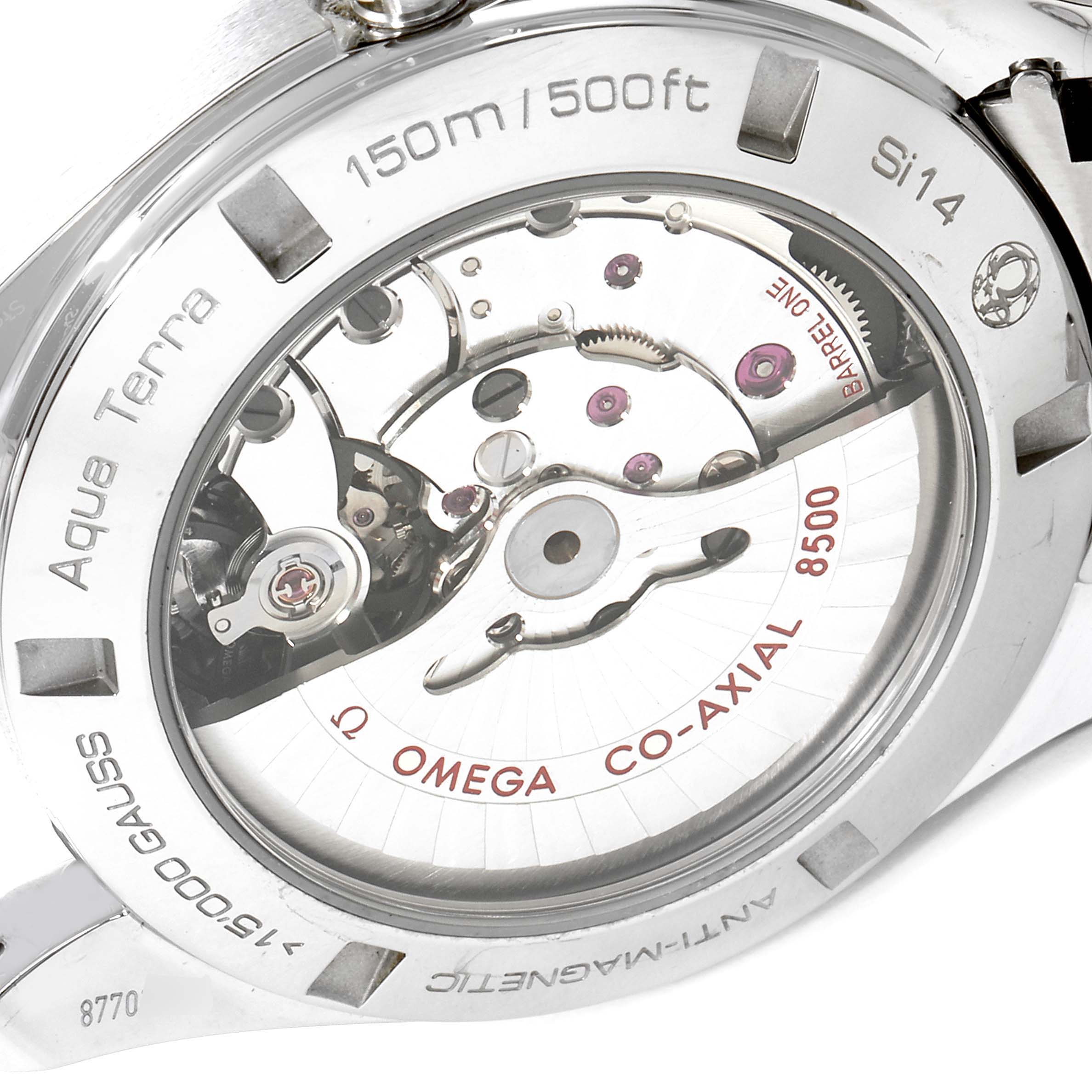 The image shows the back view of an Omega Aqua Terra 231.10.42.21.02.004 Men
s Stainless Steel Silver Dial 231.10.42.21.02.004 Men
s Stainless Steel Silver Dial watch, revealing its internal mechanical components.
