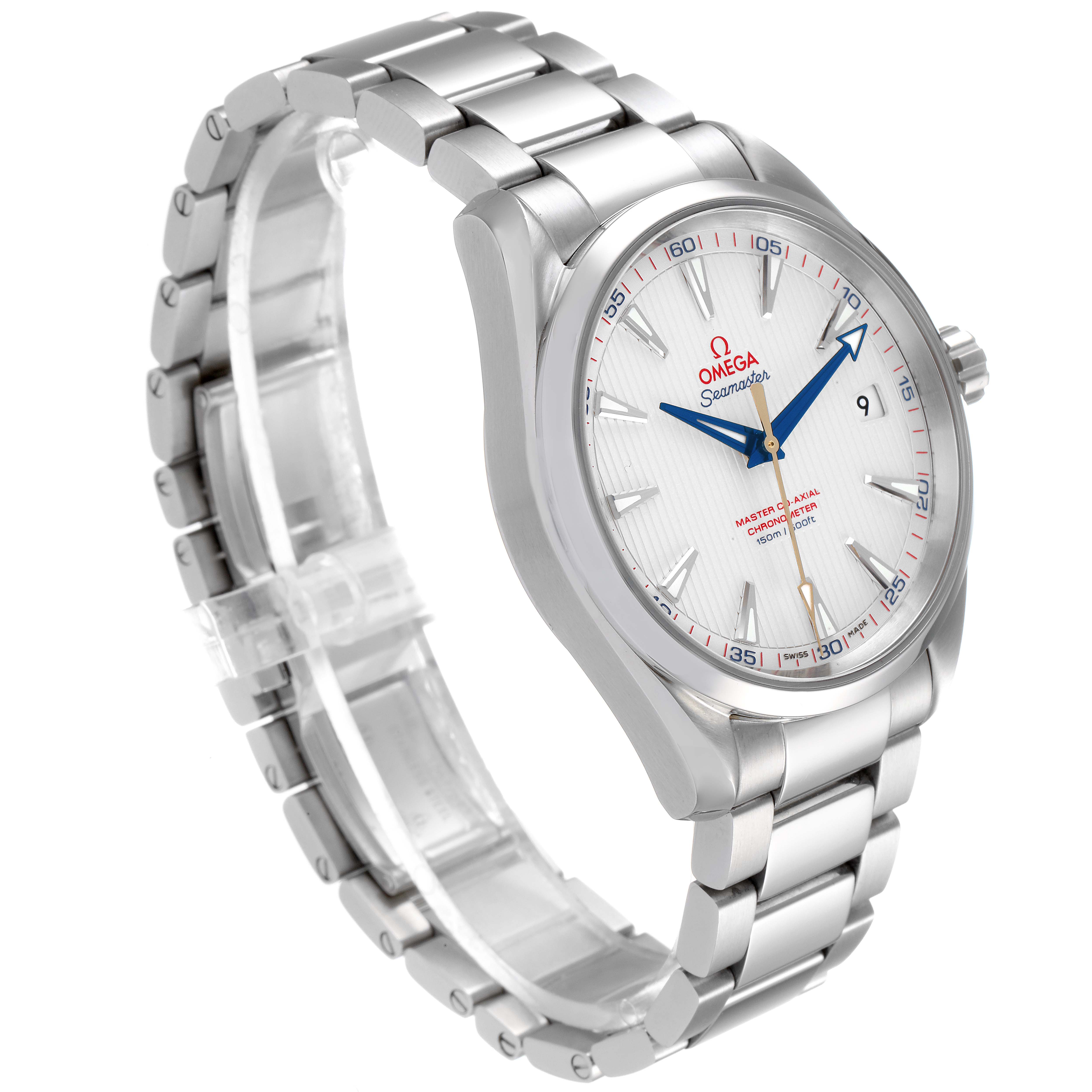 This image shows the Omega Aqua Terra 231.10.42.21.02.004 Men
s Stainless Steel Silver Dial 231.10.42.21.02.004 Men
s Stainless Steel Silver Dial watch from a three-quarter angle, highlighting the face, bezel, and bracelet.