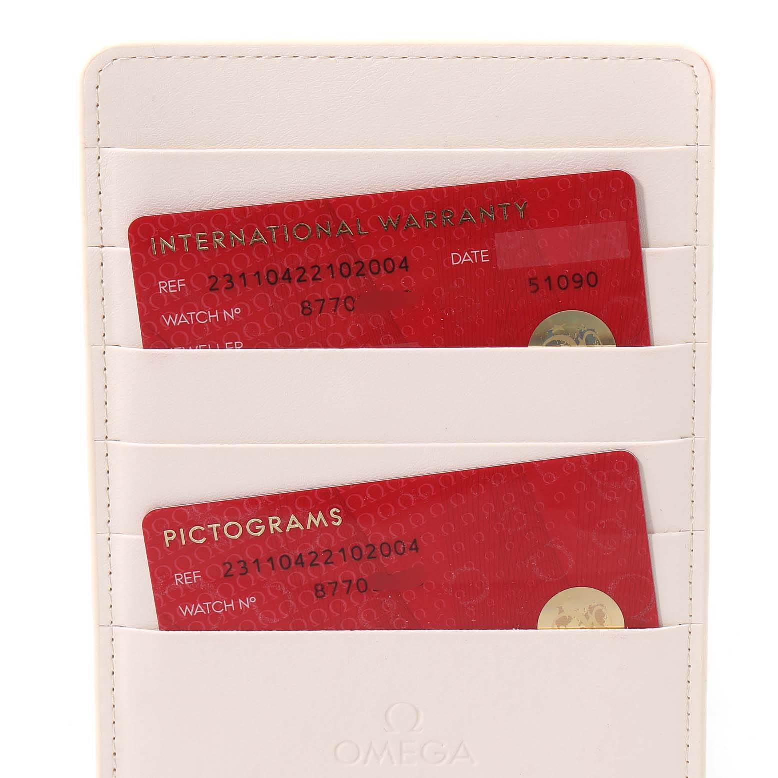 This image shows the warranty and pictograms cards for the Omega Aqua Terra 231.10.42.21.02.004 Men
s Stainless Steel Silver Dial 231.10.42.21.02.004 Men
s Stainless Steel Silver Dial model, displayed in a white cardholder.