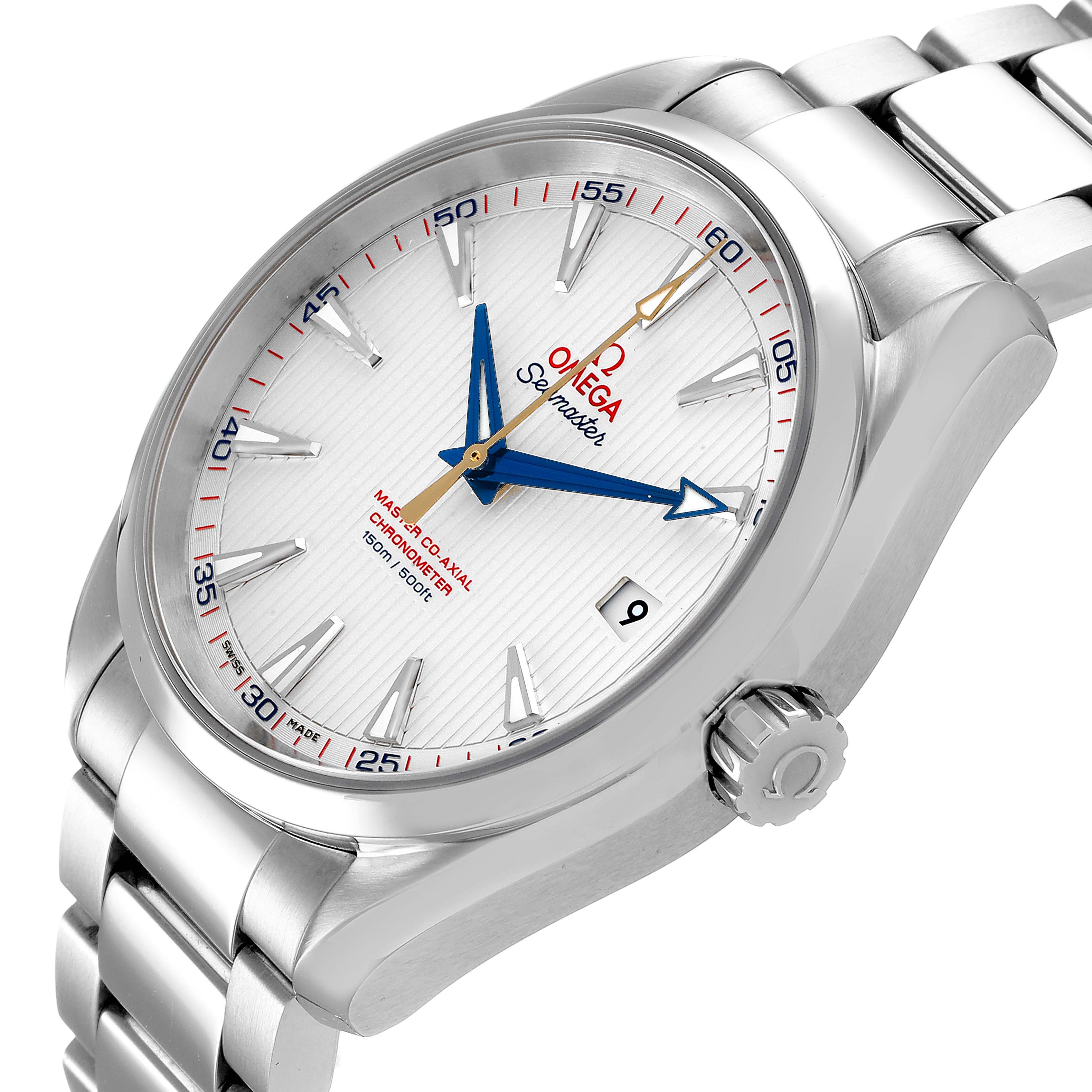 This image shows a close-up view of an Omega Aqua Terra 231.10.42.21.02.004 Men
s Stainless Steel Silver Dial 231.10.42.21.02.004 Men
s Stainless Steel Silver Dial watch, displaying the dial, bezel, crown, and part of the bracelet.