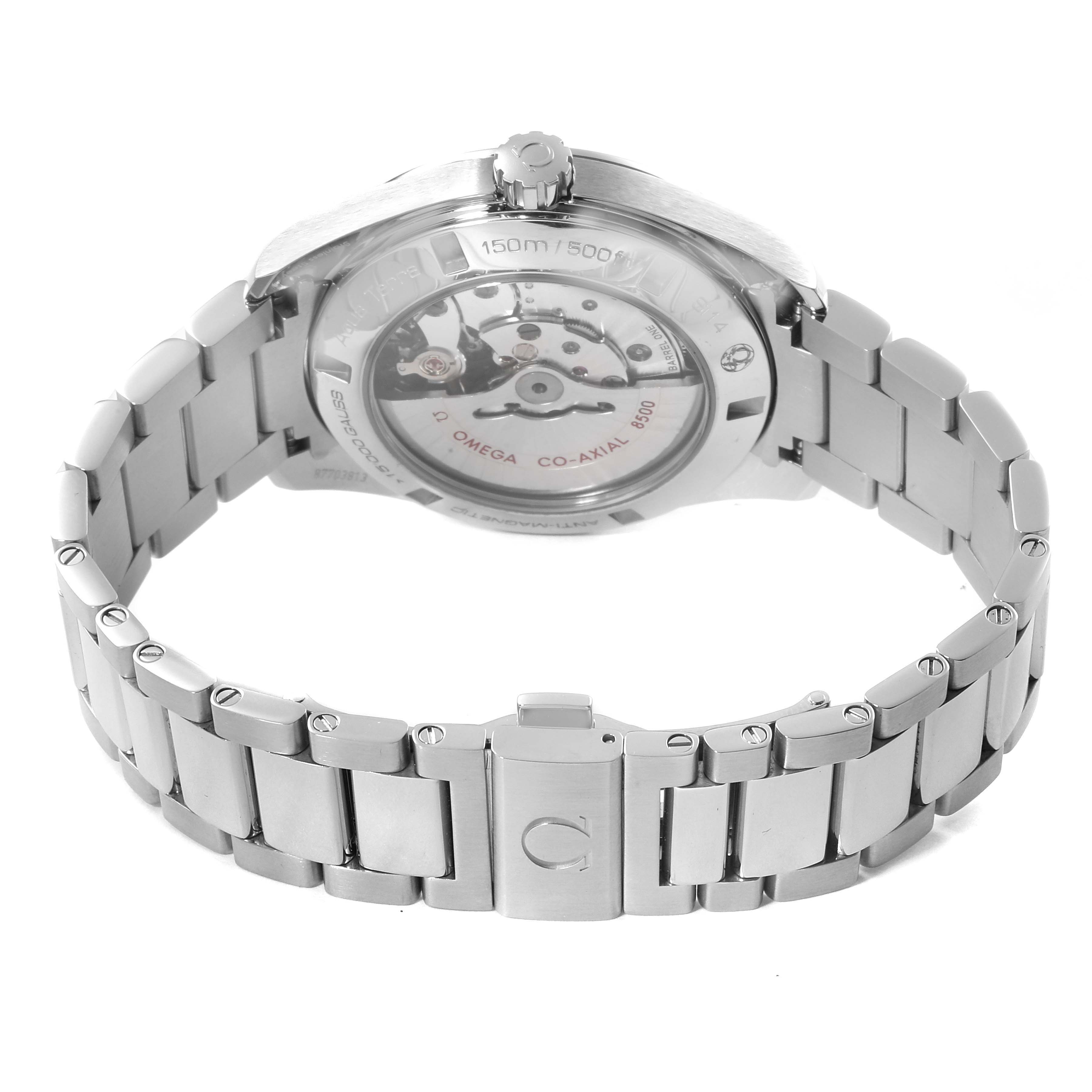 The image shows the back and bracelet of an Omega Aqua Terra 231.10.42.21.02.004 Men
s Stainless Steel Silver Dial 231.10.42.21.02.004 Men
s Stainless Steel Silver Dial watch, highlighting its transparent case back and movement.