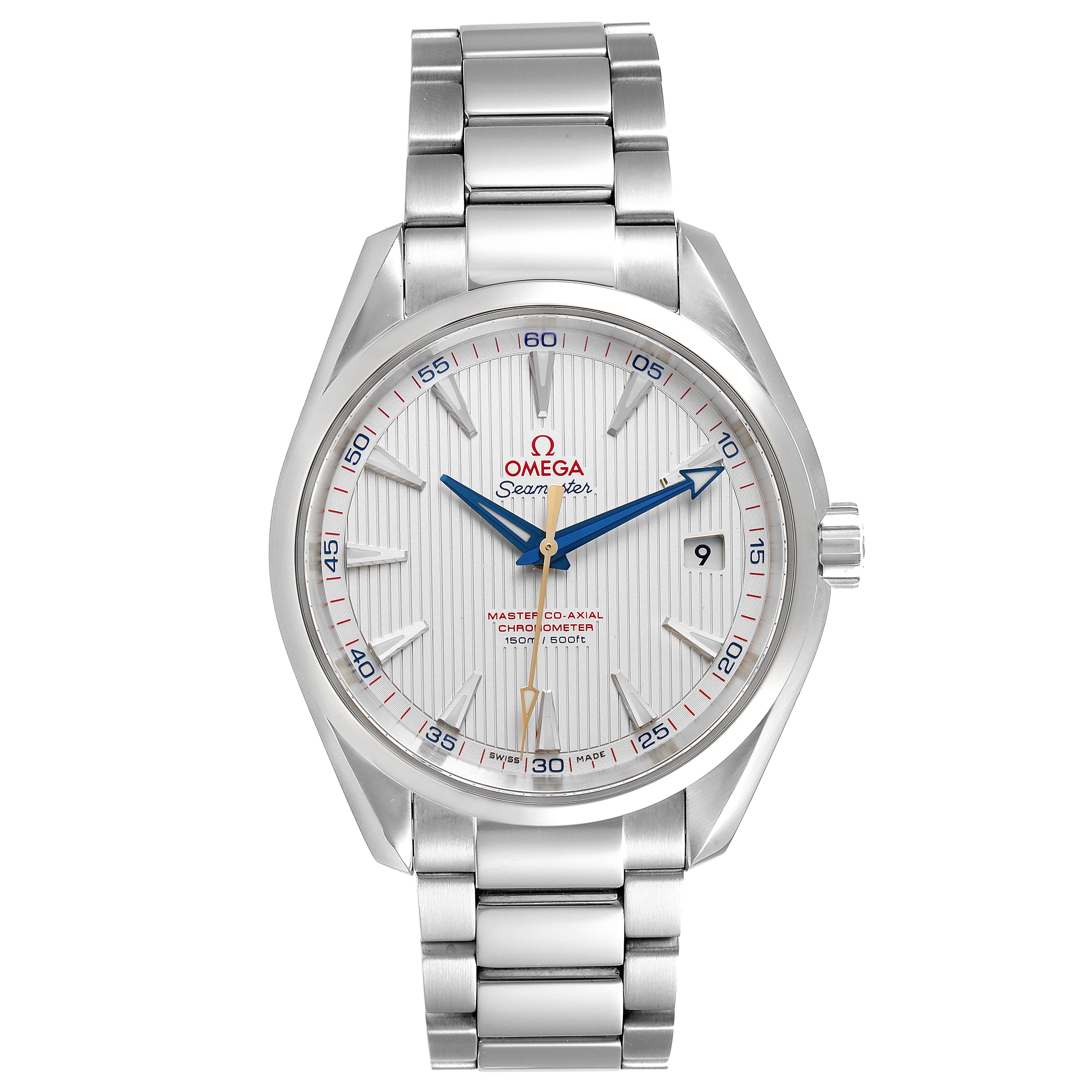 This is a front view of an Omega Aqua Terra 231.10.42.21.02.004 Men
s Stainless Steel Silver Dial 231.10.42.21.02.004 Men
s Stainless Steel Silver Dial watch, showing the dial, hands, indices, and part of the metal bracelet.