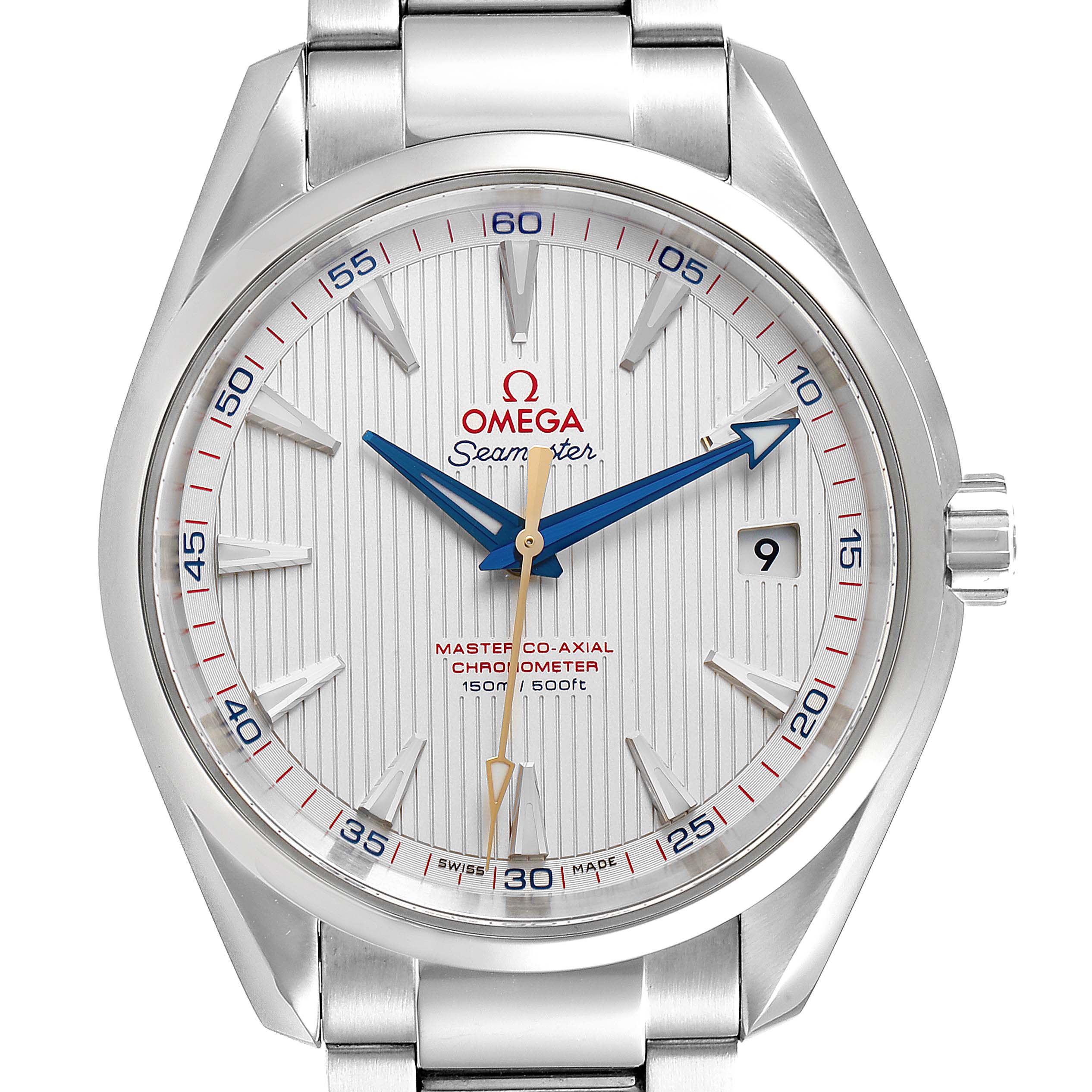 The image shows a front view of the Omega Aqua Terra 231.10.42.21.02.004 Men
s Stainless Steel Silver Dial 231.10.42.21.02.004 Men
s Stainless Steel Silver Dial watch, highlighting its face, dial, hands, and part of the bracelet.