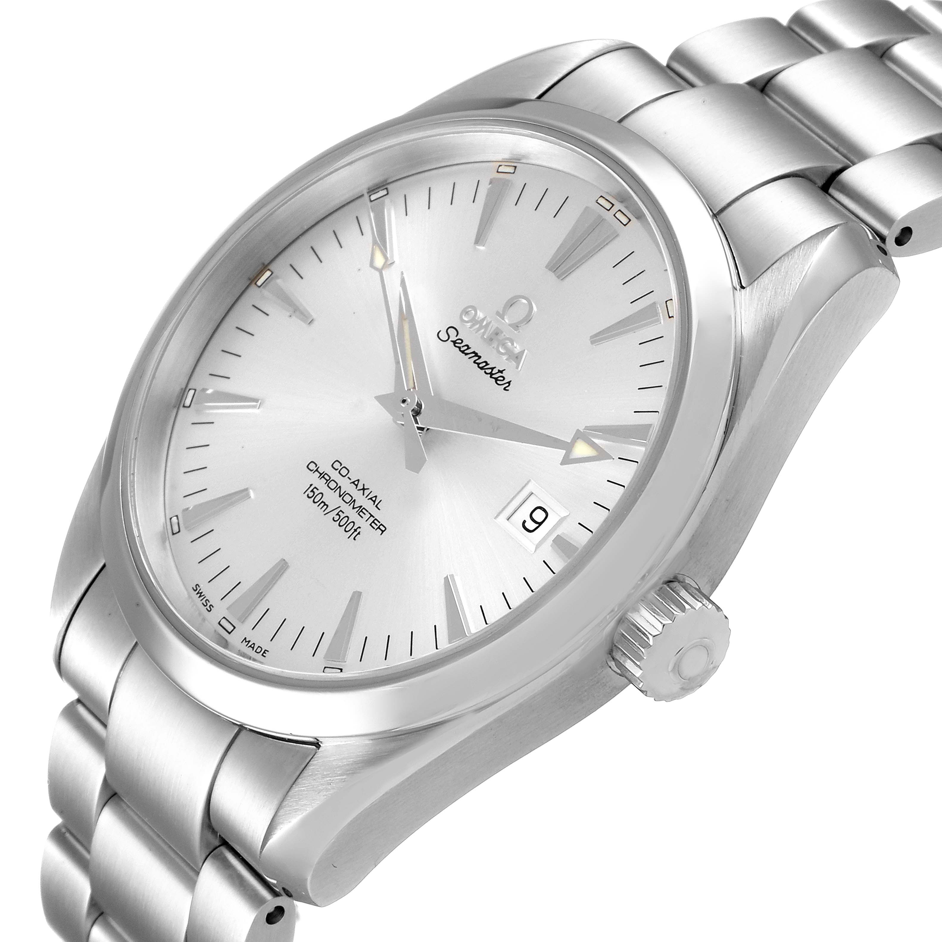 The image shows the front and side view of the Omega Seamaster Aqua Terra watch, highlighting the dial, crown, and bracelet.