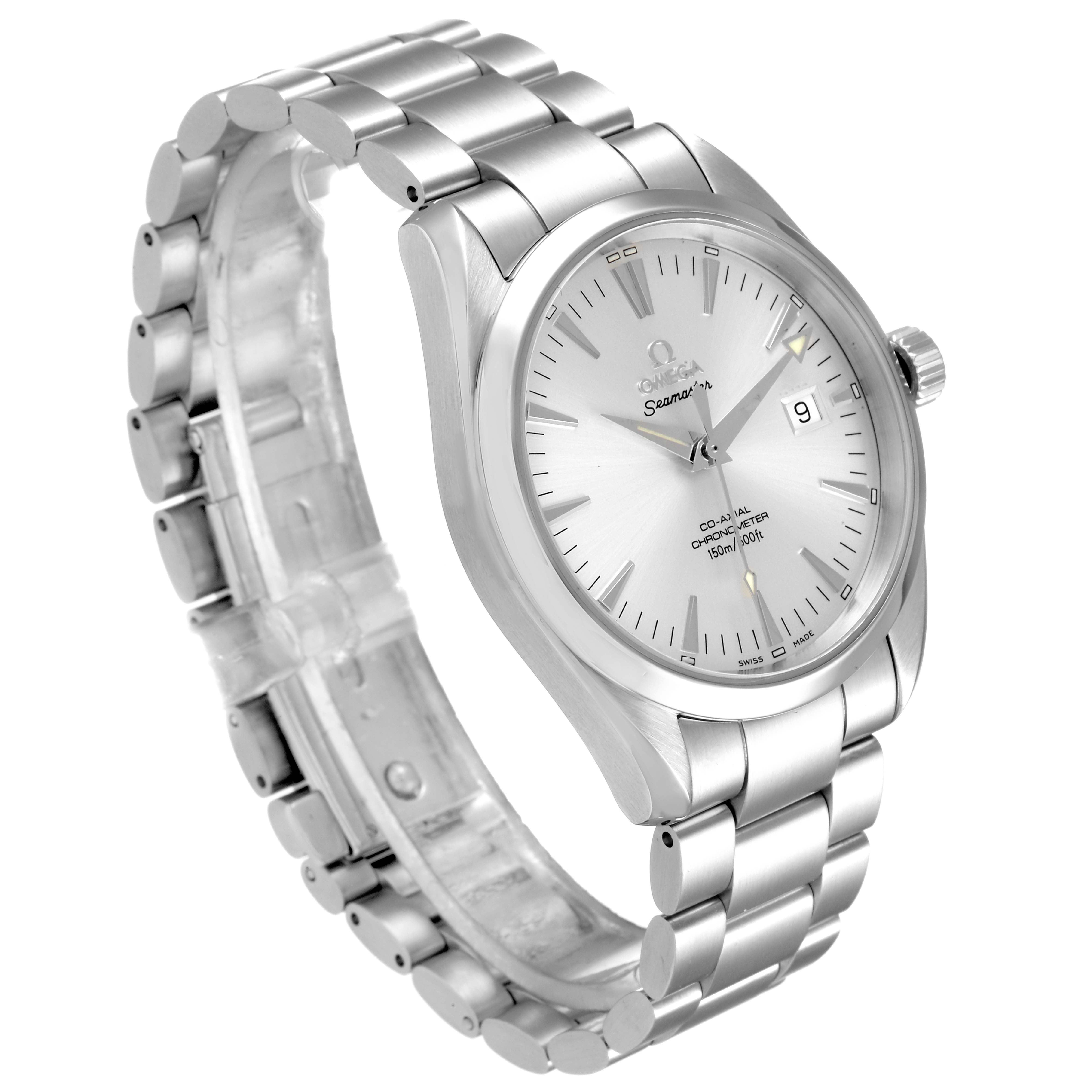 The Omega Aqua Terra 2503.30.00 Men
s Stainless Steel Silver Dial 2503.30.00 Men
s Stainless Steel Silver Dial watch is shown from a three-quarter front angle, displaying the face, bracelet, and crown.