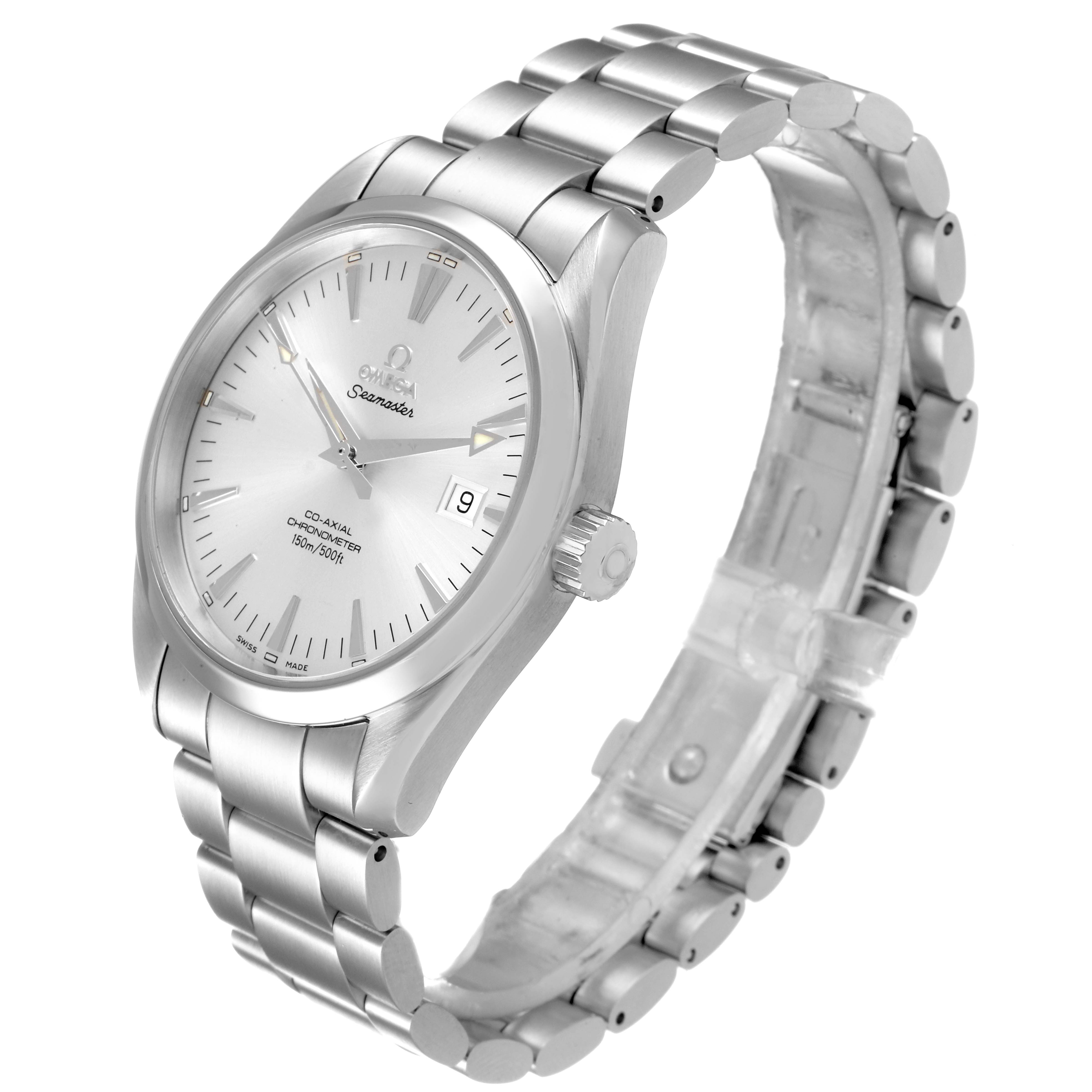 The Omega Aqua Terra 2503.30.00 Men
s Stainless Steel Silver Dial 2503.30.00 Men
s Stainless Steel Silver Dial watch is shown at a three-quarter angle, displaying the dial, crown, and stainless steel bracelet.
