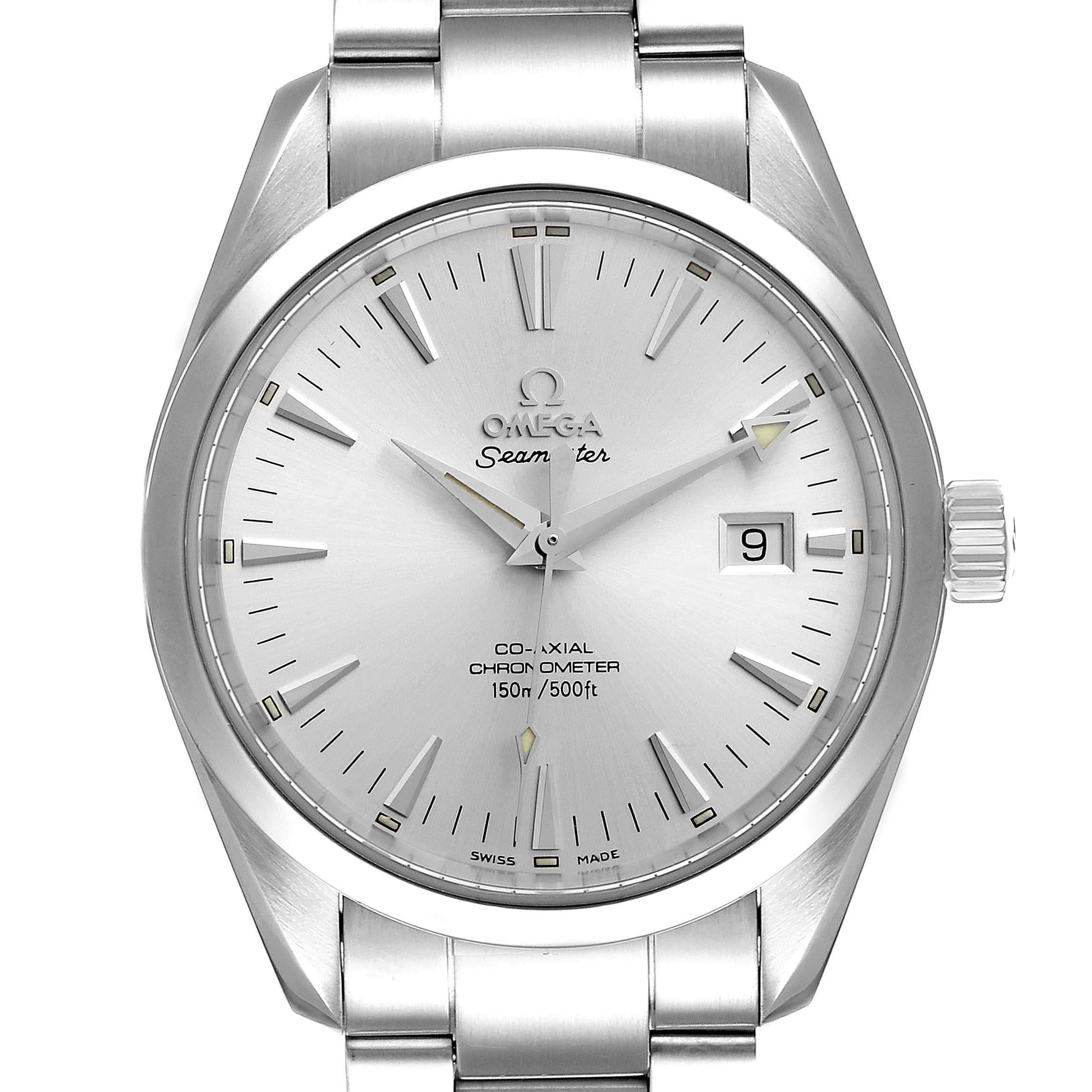 The image shows a front view of the Omega Aqua Terra 2503.30.00 Men
s Stainless Steel Silver Dial 2503.30.00 Men
s Stainless Steel Silver Dial watch, displaying the dial, hands, date window, and part of the bracelet.