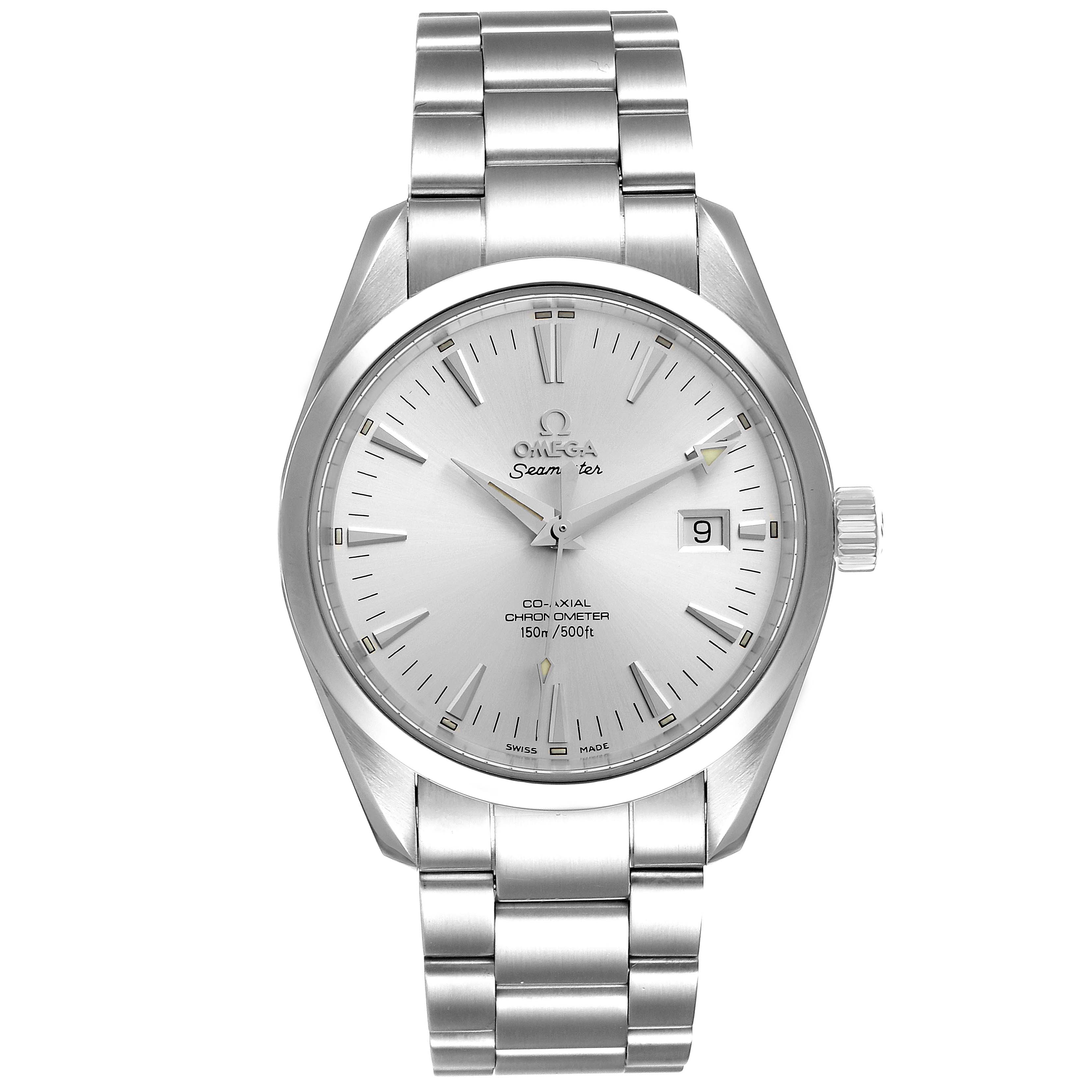 The image shows a frontal view of the Omega Aqua Terra 2503.30.00 Men
s Stainless Steel Silver Dial 2503.30.00 Men
s Stainless Steel Silver Dial watch, featuring its face, hands, date window, and metal bracelet.