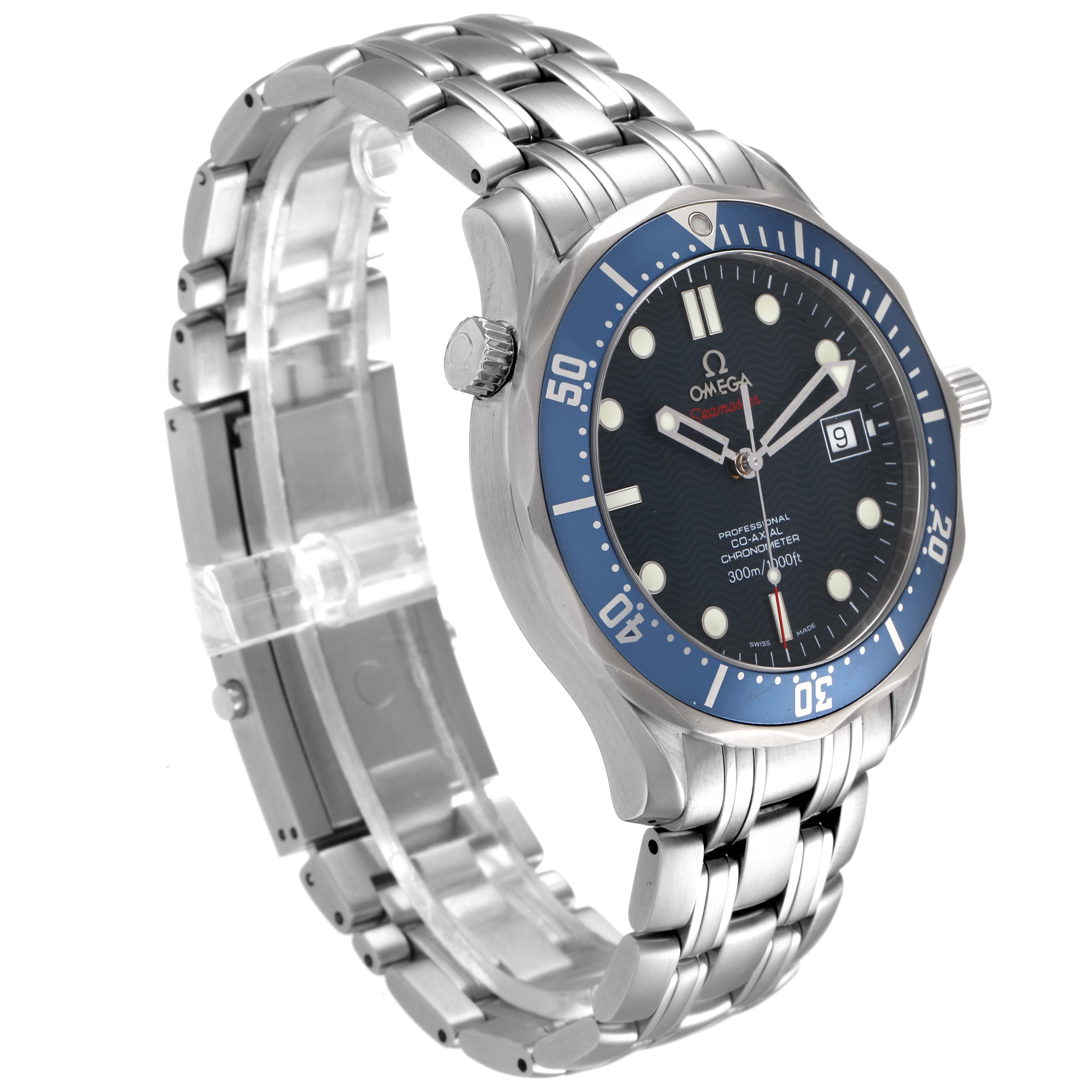 The image shows the Omega Seamaster 2220.80.00 Men
s Stainless Steel Blue Dial 2220.80.00 Men
s Stainless Steel Blue Dial watch from an angled side view, highlighting the dial, bezel, and metal bracelet.