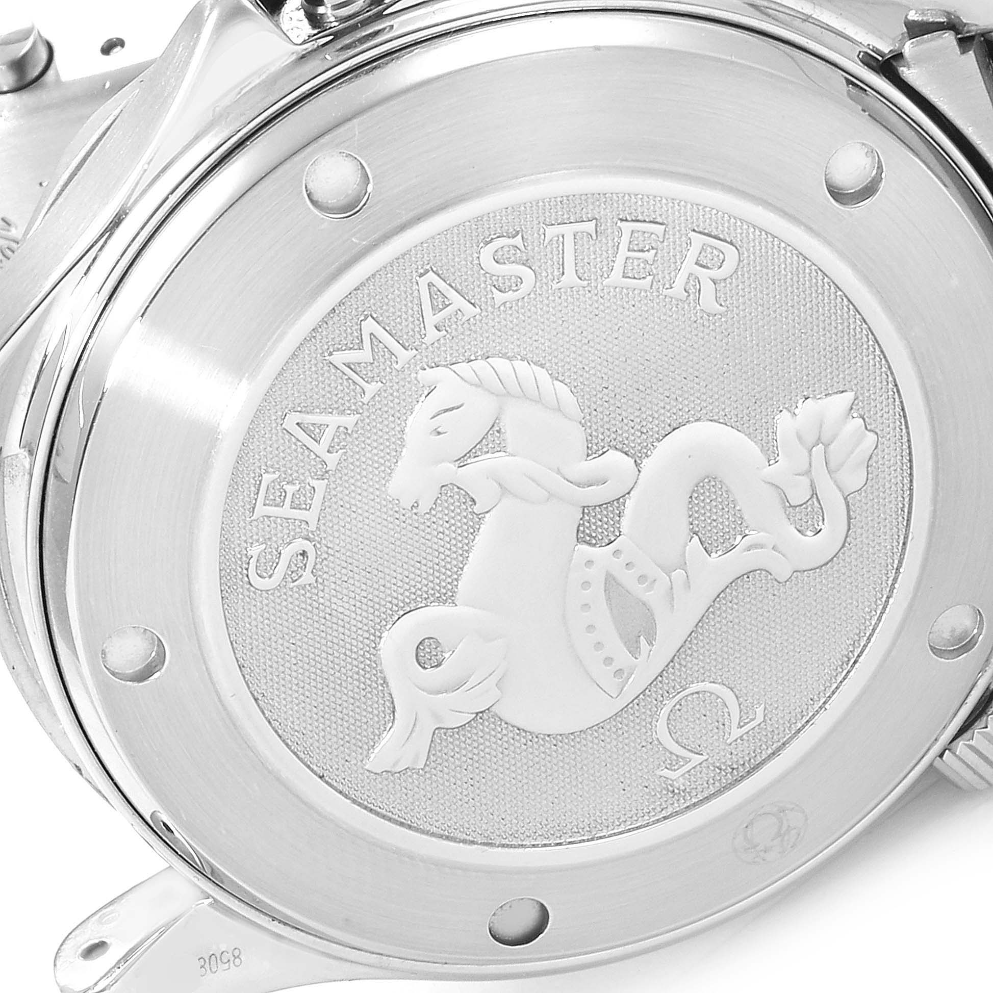 The image shows the case back of an Omega Seamaster 2220.80.00 Men
s Stainless Steel Blue Dial 2220.80.00 Men
s Stainless Steel Blue Dial watch engraved with the model name and Seahorse logo.