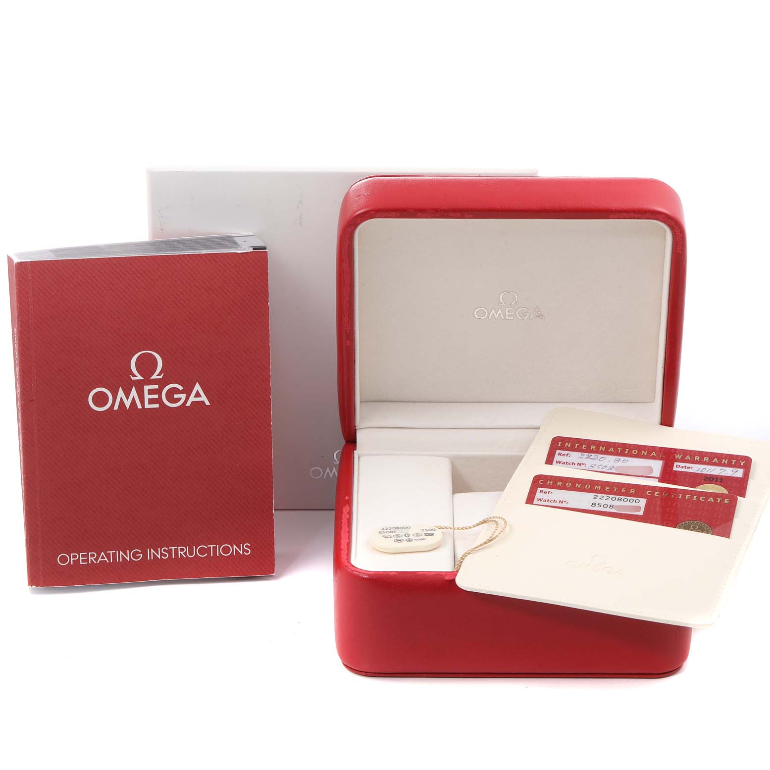 The image shows the Omega Seamaster 2220.80.00 Men
s Stainless Steel Blue Dial 2220.80.00 Men
s Stainless Steel Blue Dial
s red box, warranty cards, operating instructions, and a white accessory tag.